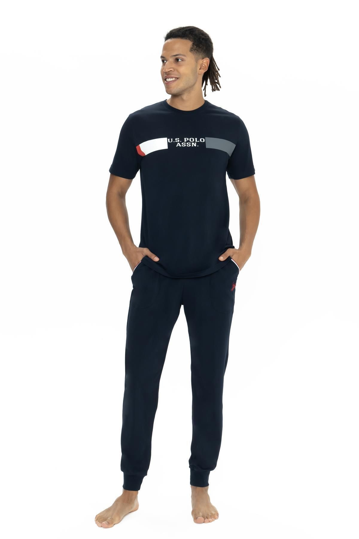 U.S. Polo Assn. U.S. Polo Erkek %100 Pamuk Pijama Takım, Dar Paça, Bisiklet Yaka, Kısakol, Cep Detaylı