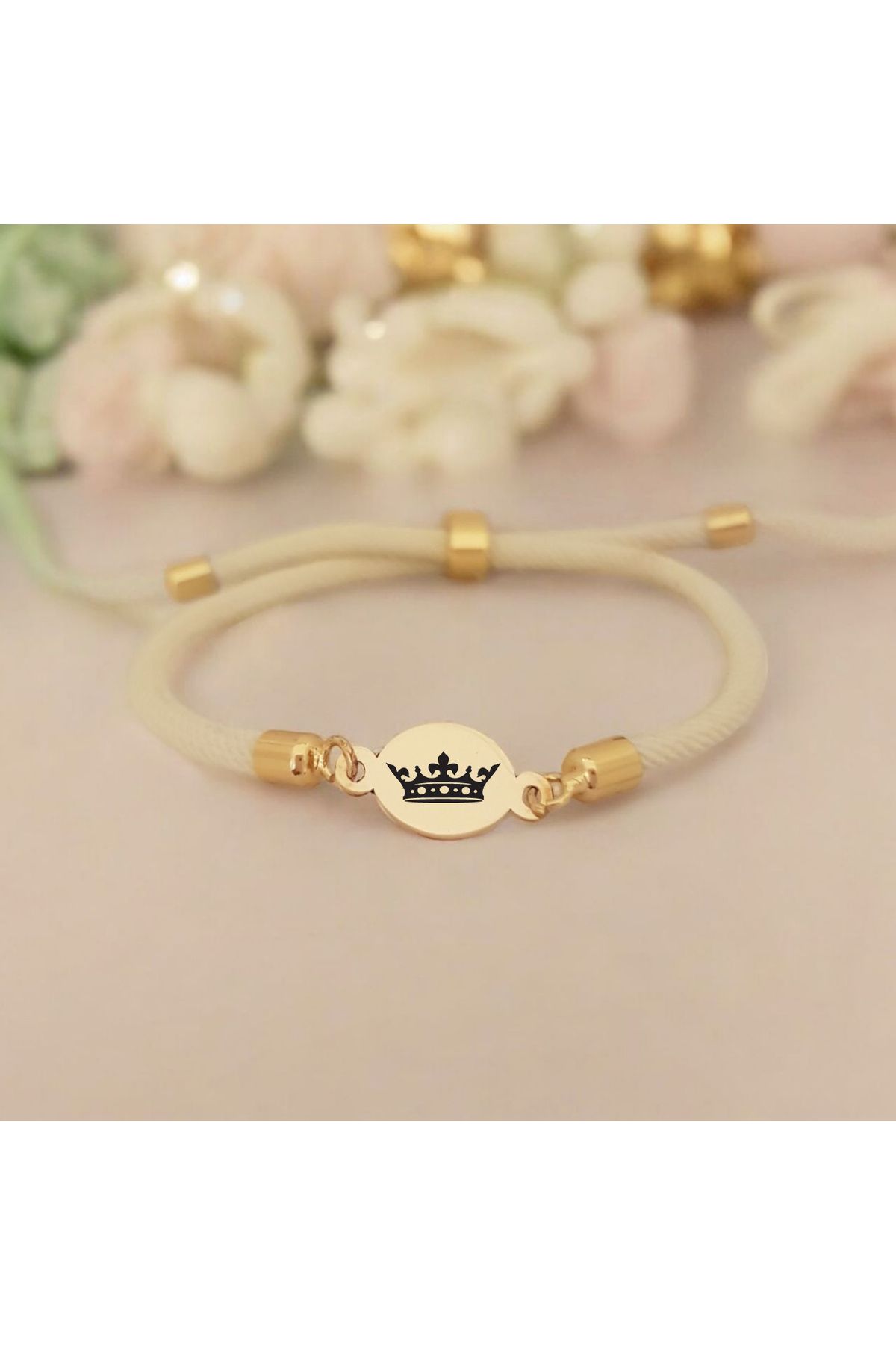ARCHINO GOLD Oval Motifli Ve Örgülü 14 Ayar Altın Plakalı Bayanlara Özel Krallık Tacı Bilekliği-424sembol-beyaz
