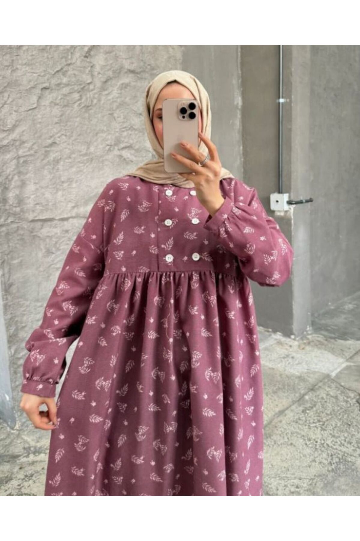 OlaLady Kadın Önü Çift Düğmeli Desenli Salaş Keten Elbise
