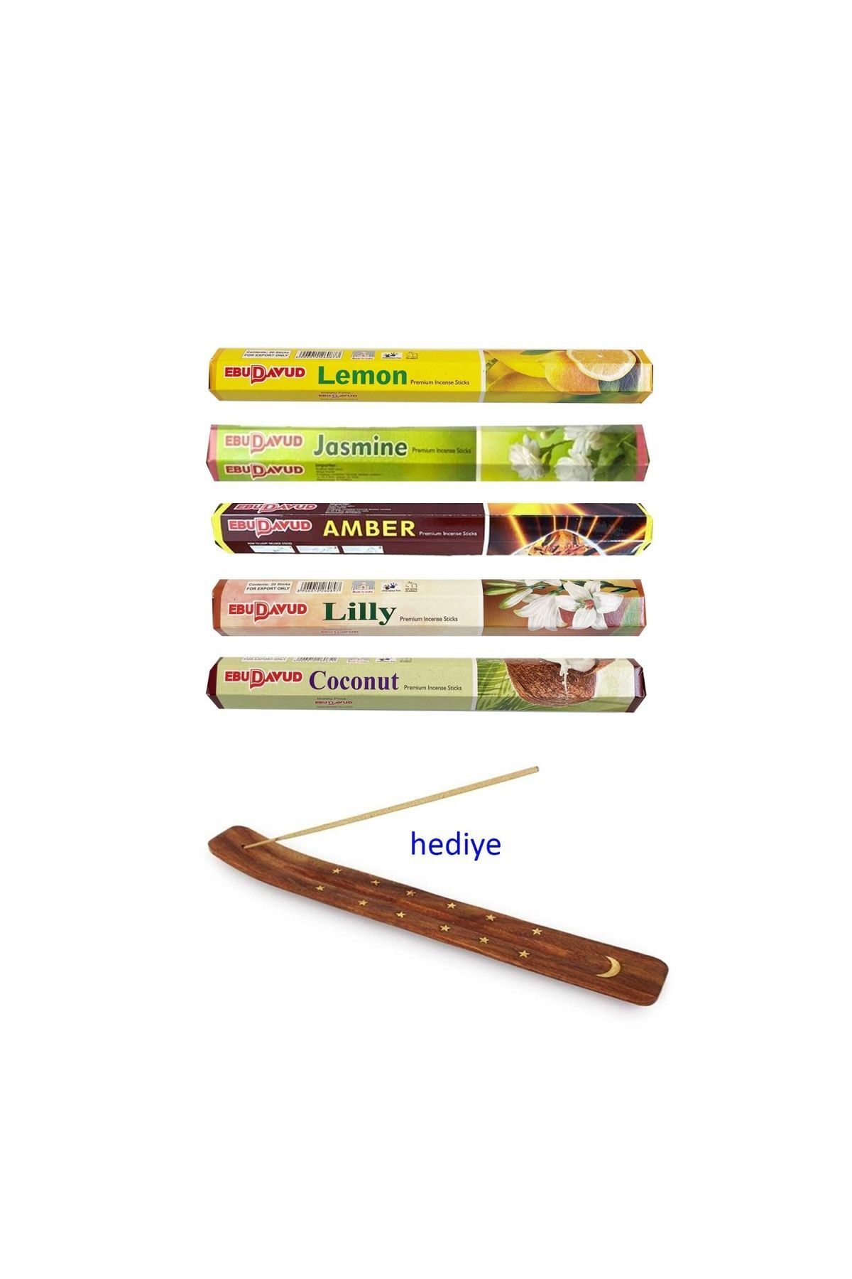 teknotrust 5 Paket 20 Çubuklu Tütsü Lemon - Amber - Lilly- Jasmine - Coconut - Kayık Hediyeli