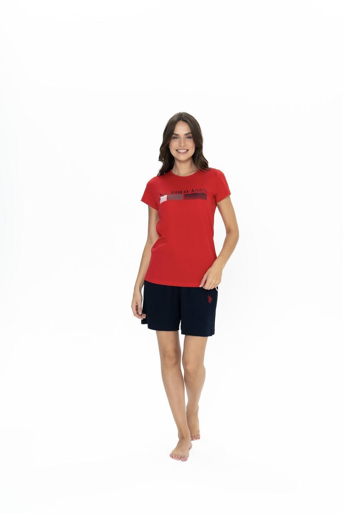 U.S. Polo Assn. Us Polo Kadın Yazı Baskılı T-shirt Şort Takım, Bisiklet Yaka, Kısakol, Cepli