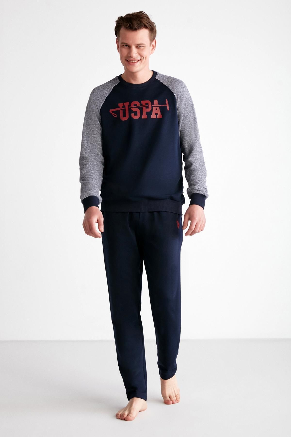 U.S. Polo Assn. Yazı Baskılı %100 Pamuklu 2 İplik Uzunkol Manşetli Kışlık Erkek Pijama Takım