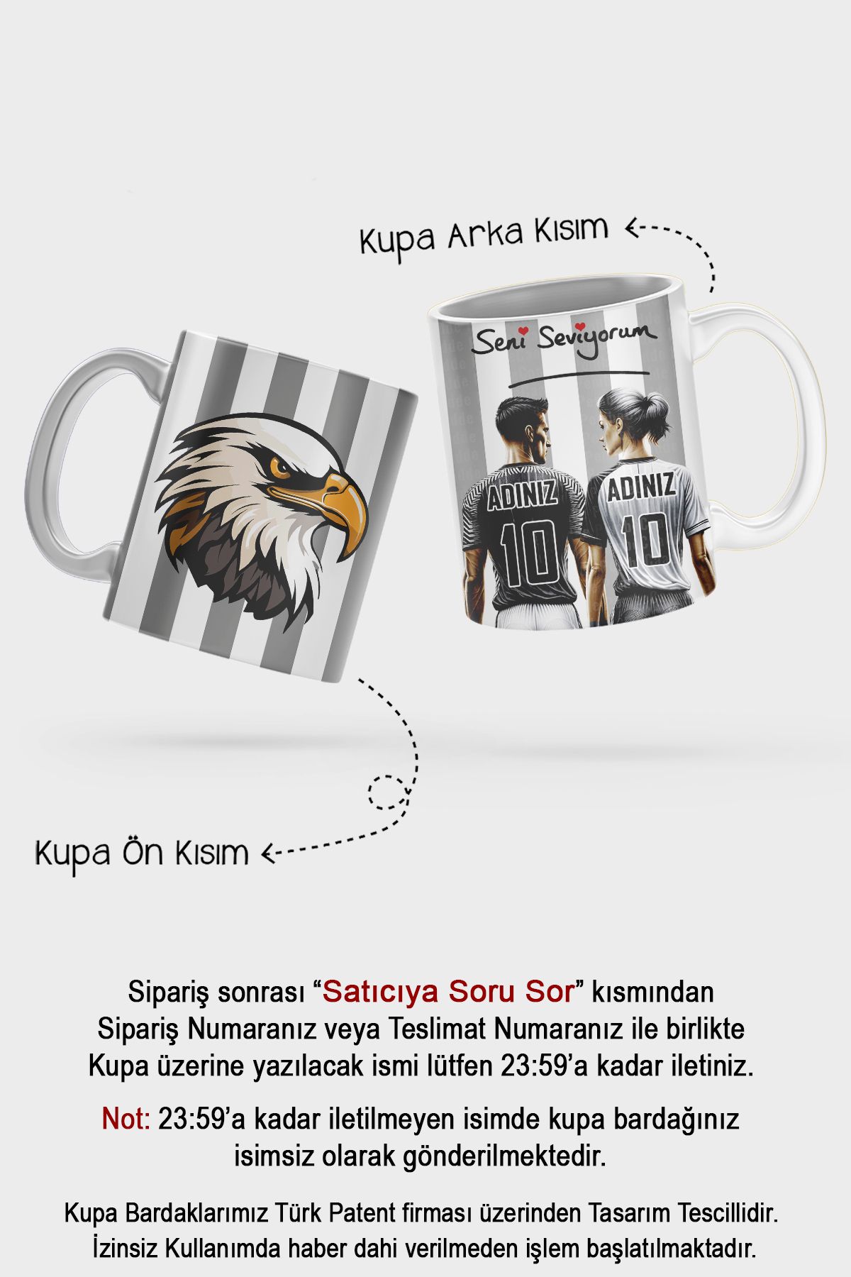 BİBANAPROMOSYON Kişiye Özel Isimli Forma Numaralı Sevgililer Kupa Bardak Siyah Beyaz Taraftar Beşiktaş
