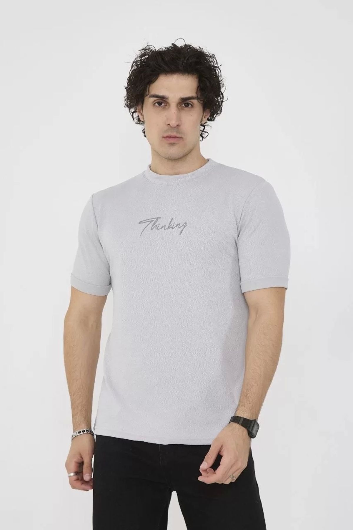 CVS Unisex Bisiklet Yaka Slim fit T-Shirt- Boyalı Gri