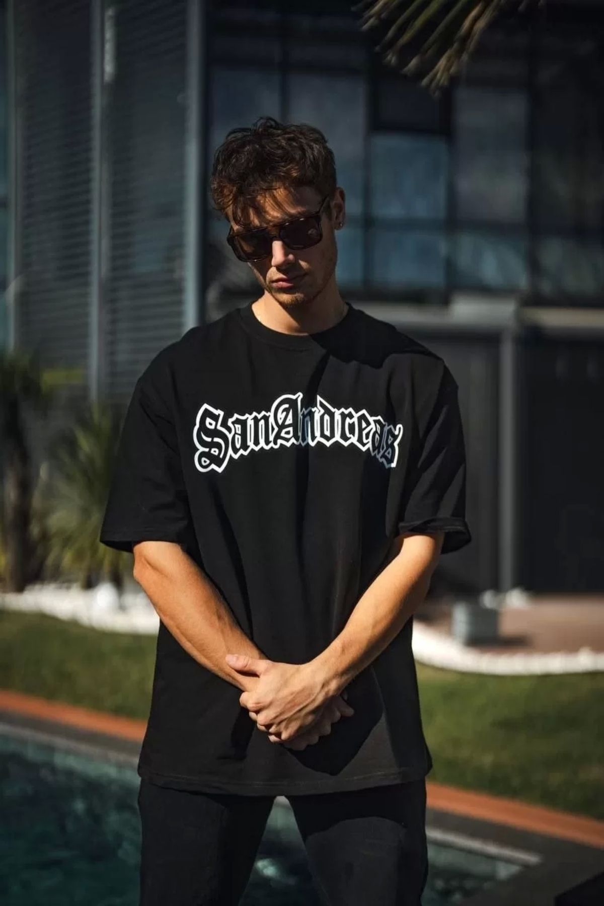 CVS Unisex Bisiklet Yaka Baskılı Oversize T-Shirt - Siyah