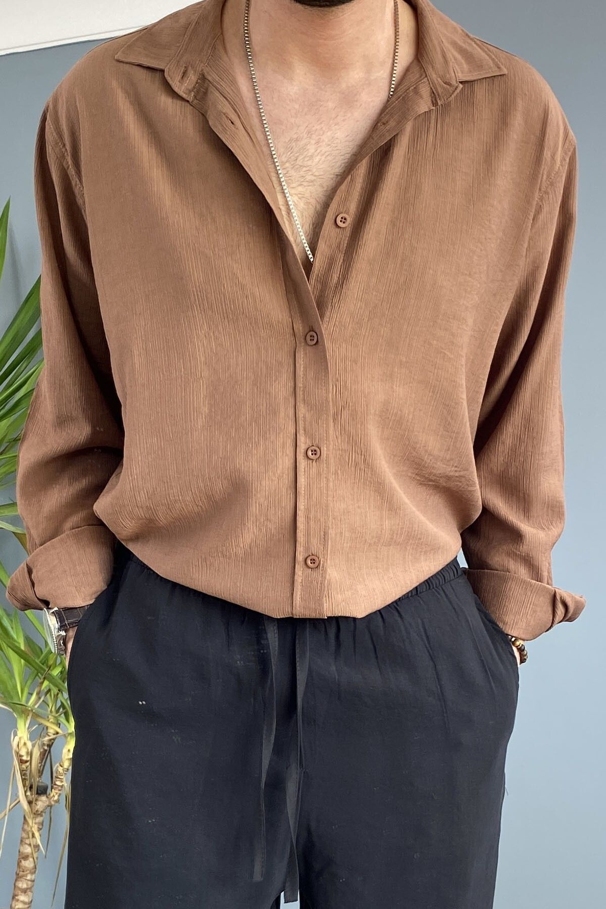 Alışveriş Sokağı Krinkıl Kumaş Oversize Uzun Kol Gömlek