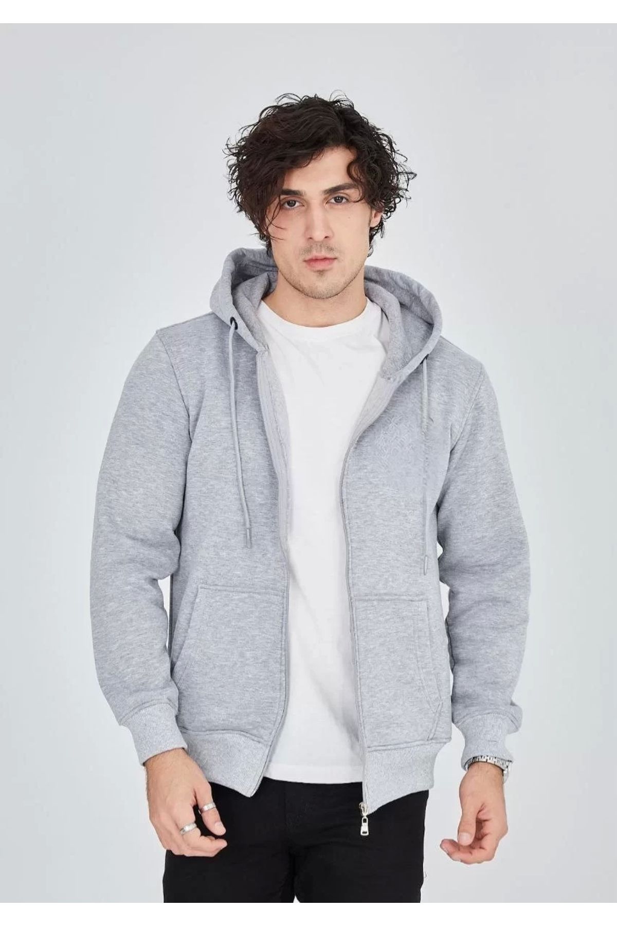CVS Unisex Tam Fermuarlı Kapşonlu SweatShirt - Gri