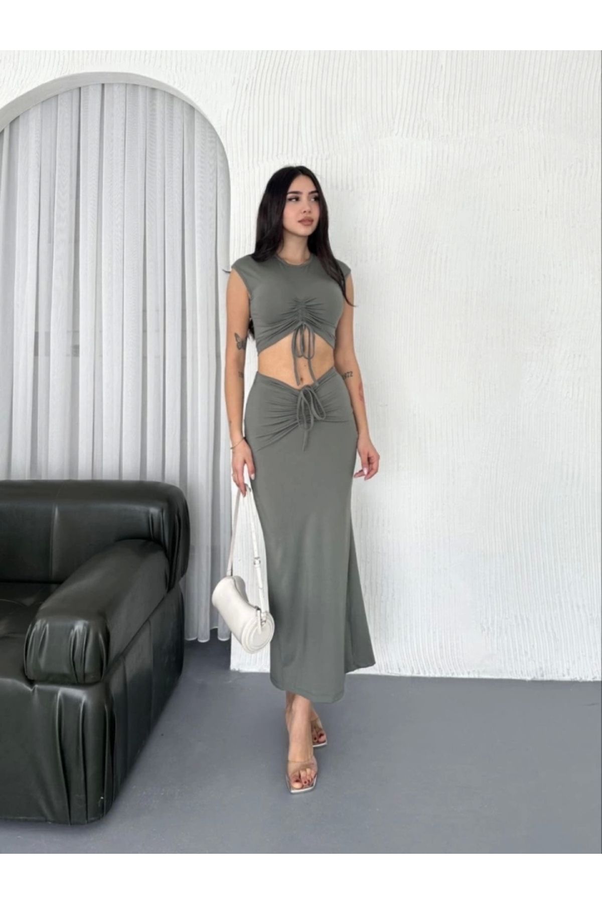 nedo7 Osy Modal Yumuşak Dokulu Kumaş Büzgülü Crop Etek Takım - Mint Yeşili