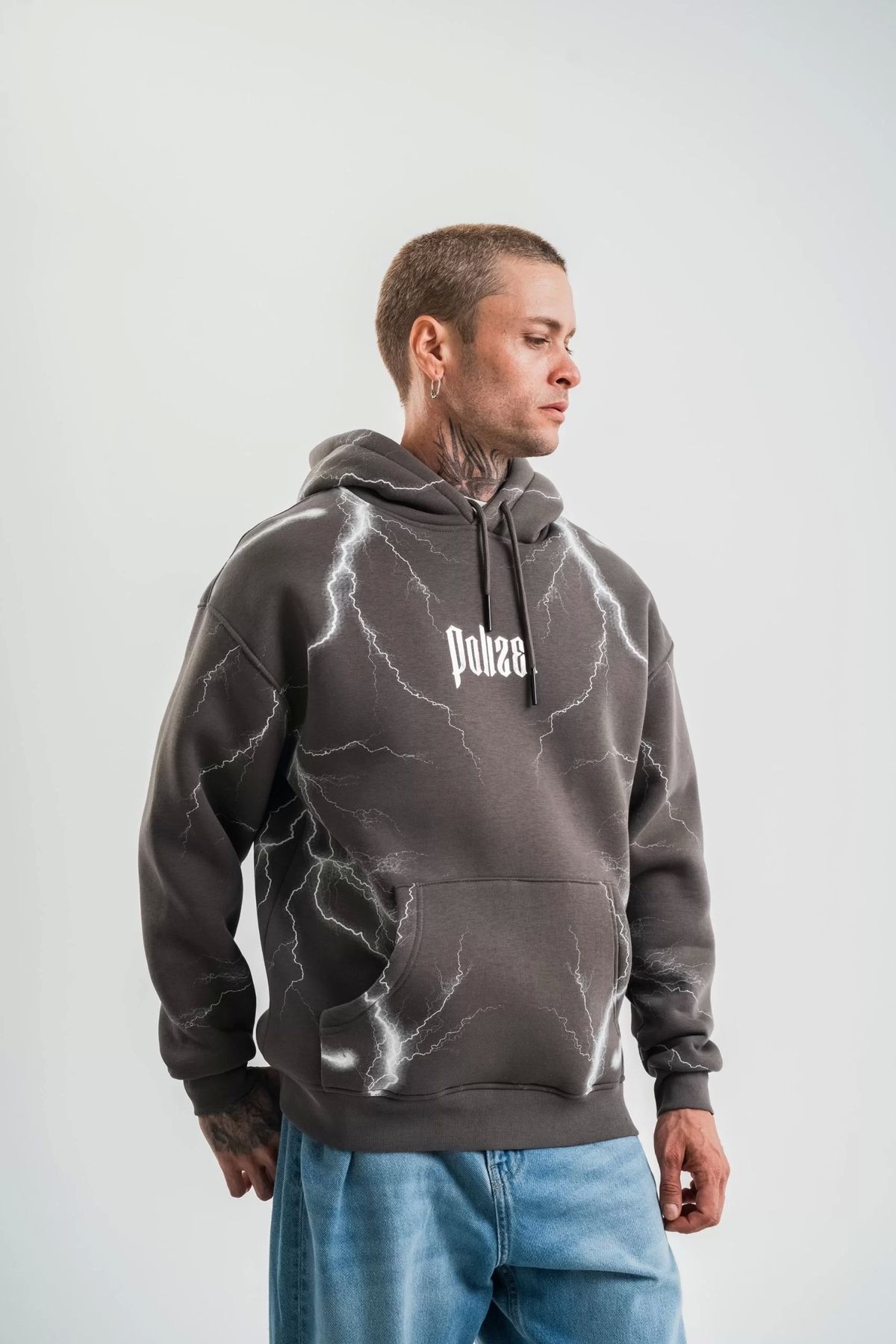 CVS Double Oversize Kapşonlu Şimşek Pano Baskılı SweatShirt - Füme