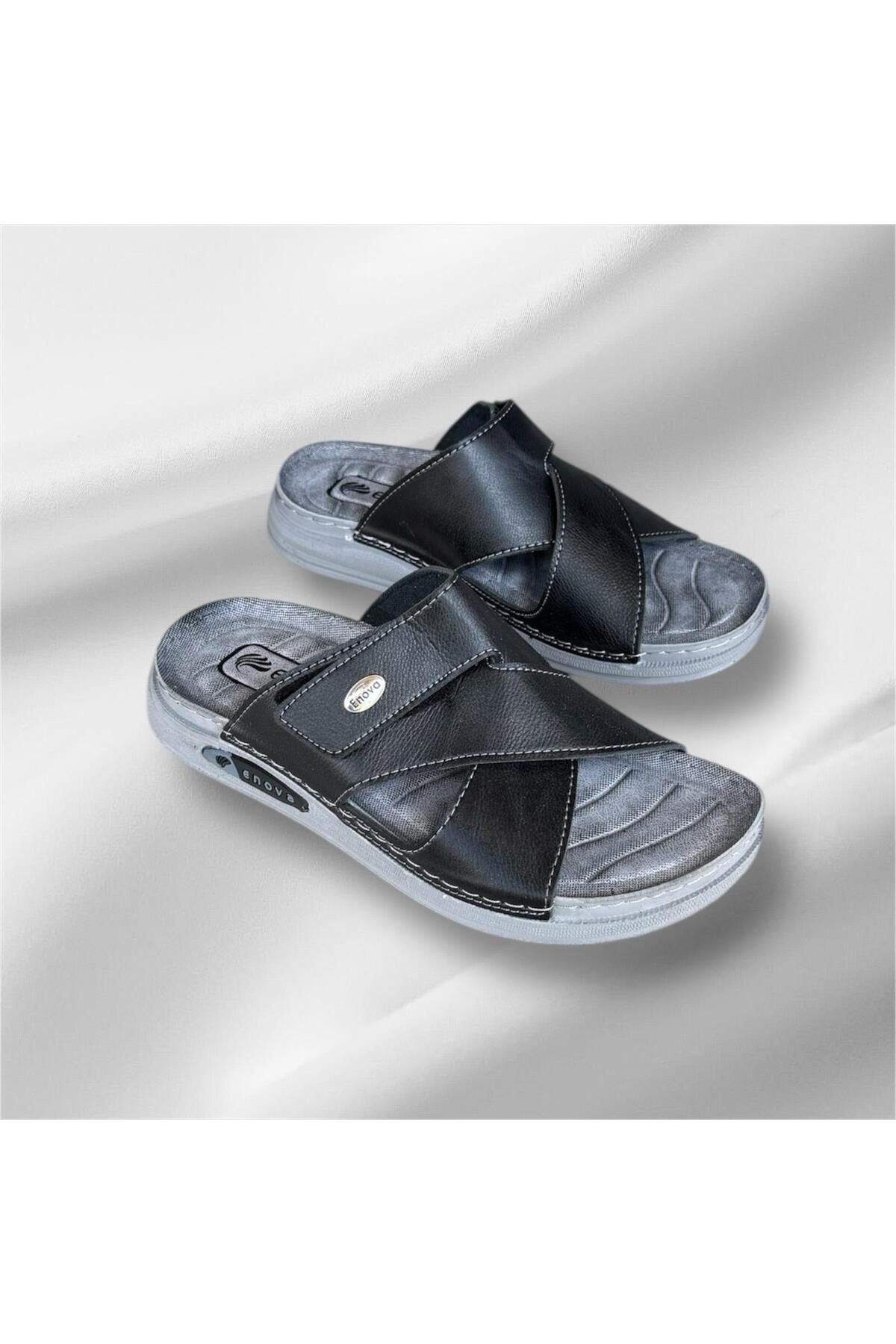 Enova-Men's Black Gray Orthopedic Soft Sole Stitched Daily Home Beach Slippers 3