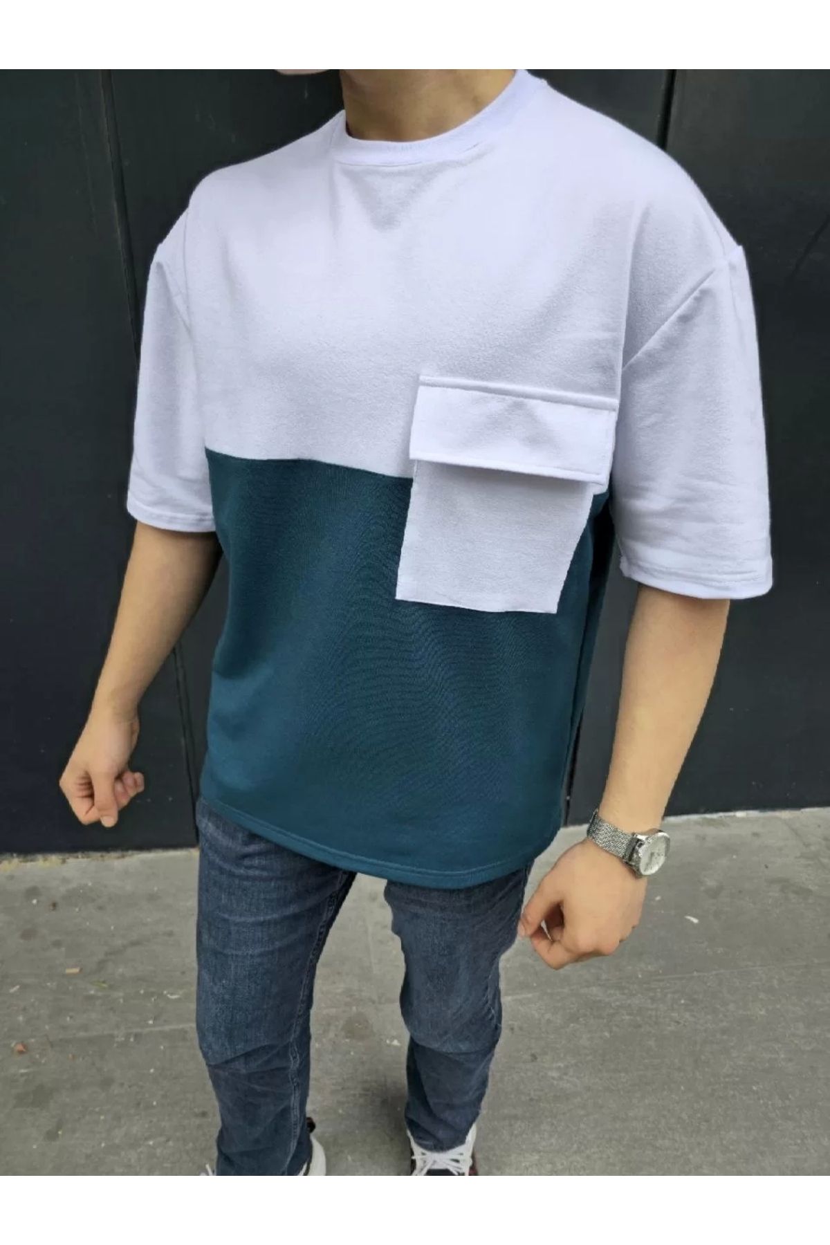CVS Unisex Torba Cep Detaylı Parçalı T-Shirt - Lacivert