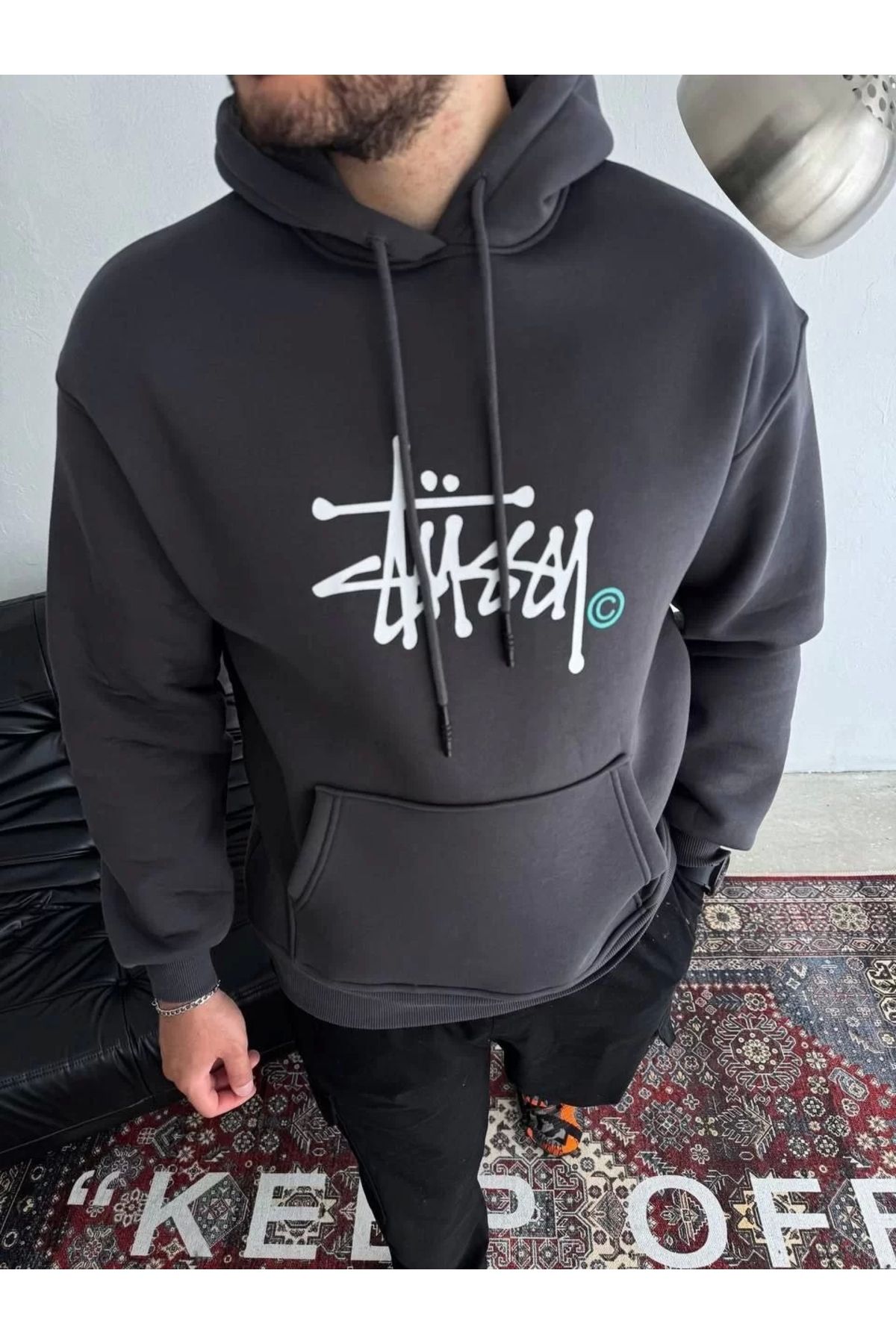 CVS Üç İplik Kapşonlu Baskılı SweatShirt - Füme