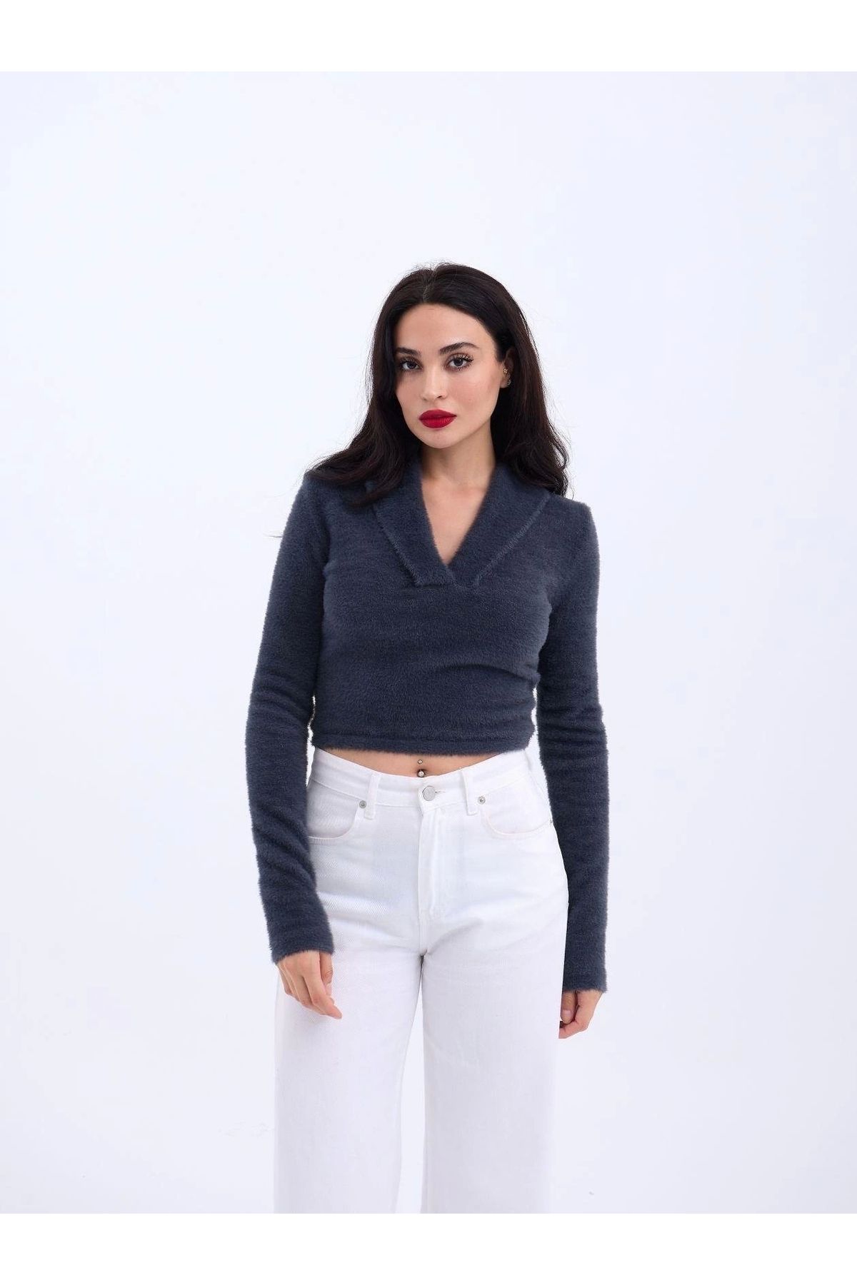 nedo7 42531 TRİKO SİMLİ YAKALI CROP-ANTRASİT