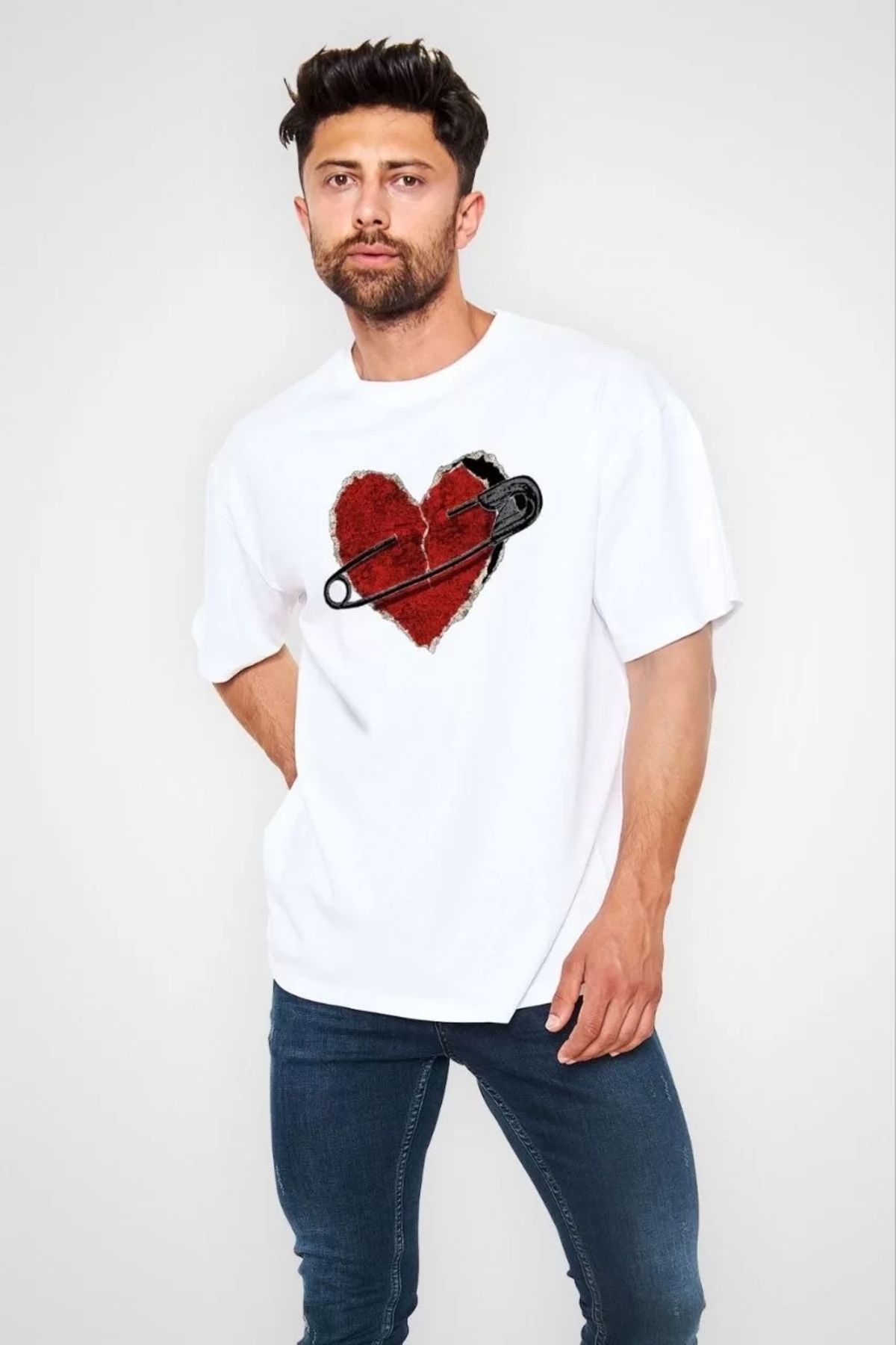 CVS Unisex Bisiklet Yaka Baskılı Oversize T-Shirt - Beyaz