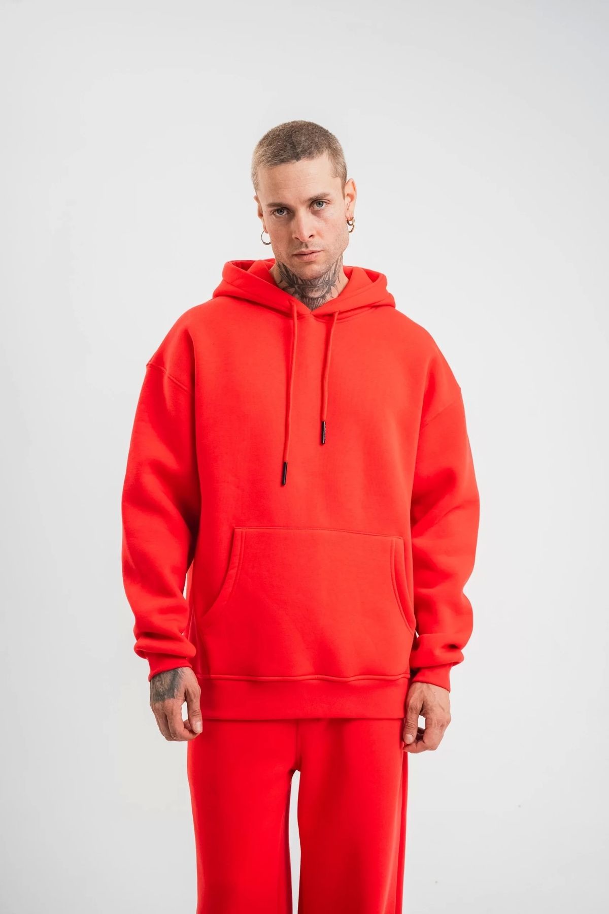 CVS Unisex Double Oversize Kapşonlu Basic SweatShirt - Kırmızı