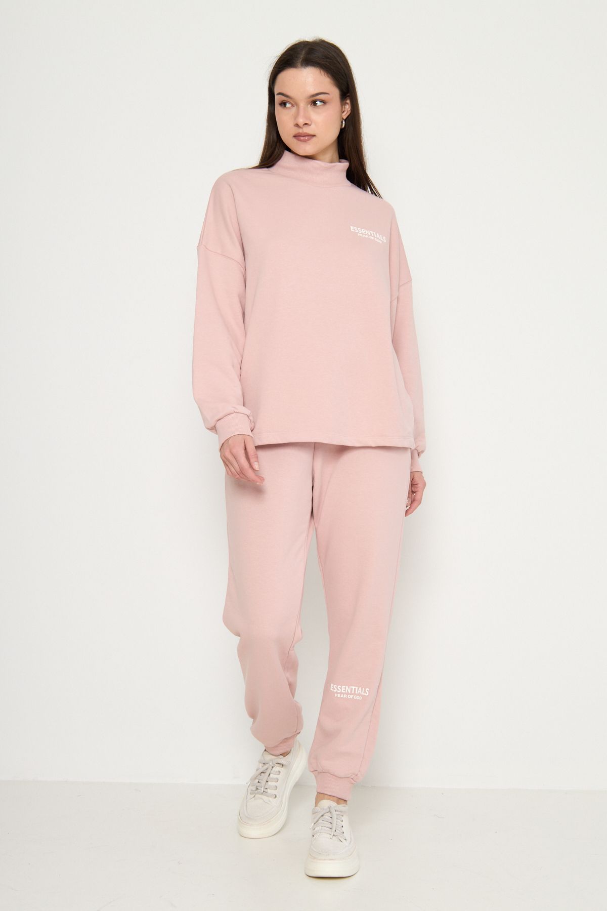 MODA Pembe Essentials Baskılı Yarım Balıkçı Sweatshirt-Eşofman Kadın Eşofman Takımı