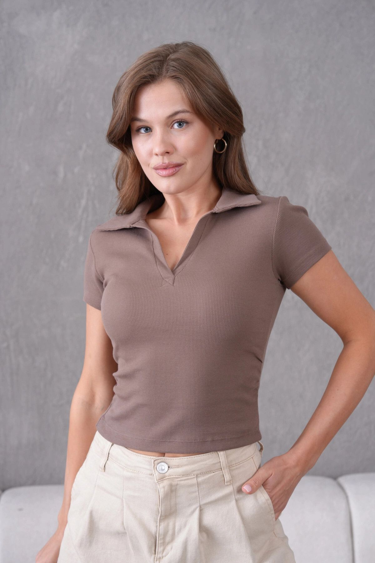 Park Karon Polo Yaka Büzgü Detay Kısa Kol Slim Fit Kaşkorse Basic T-Shirt