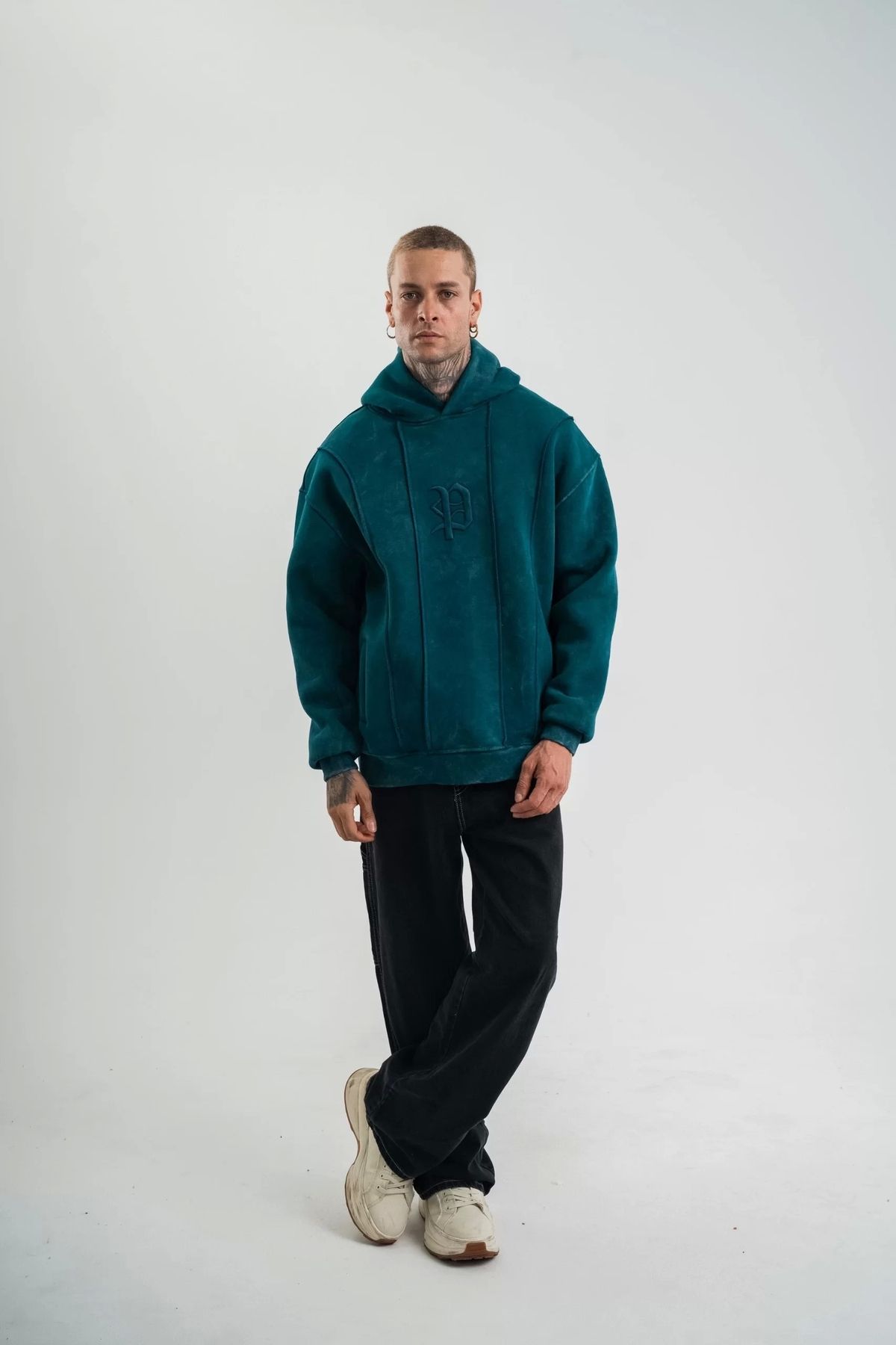 CVS Unisex Uzun Kol Kapşonlu Yıkamalı Nakışlı SweatShirt - Koyu Deniz Yeşili