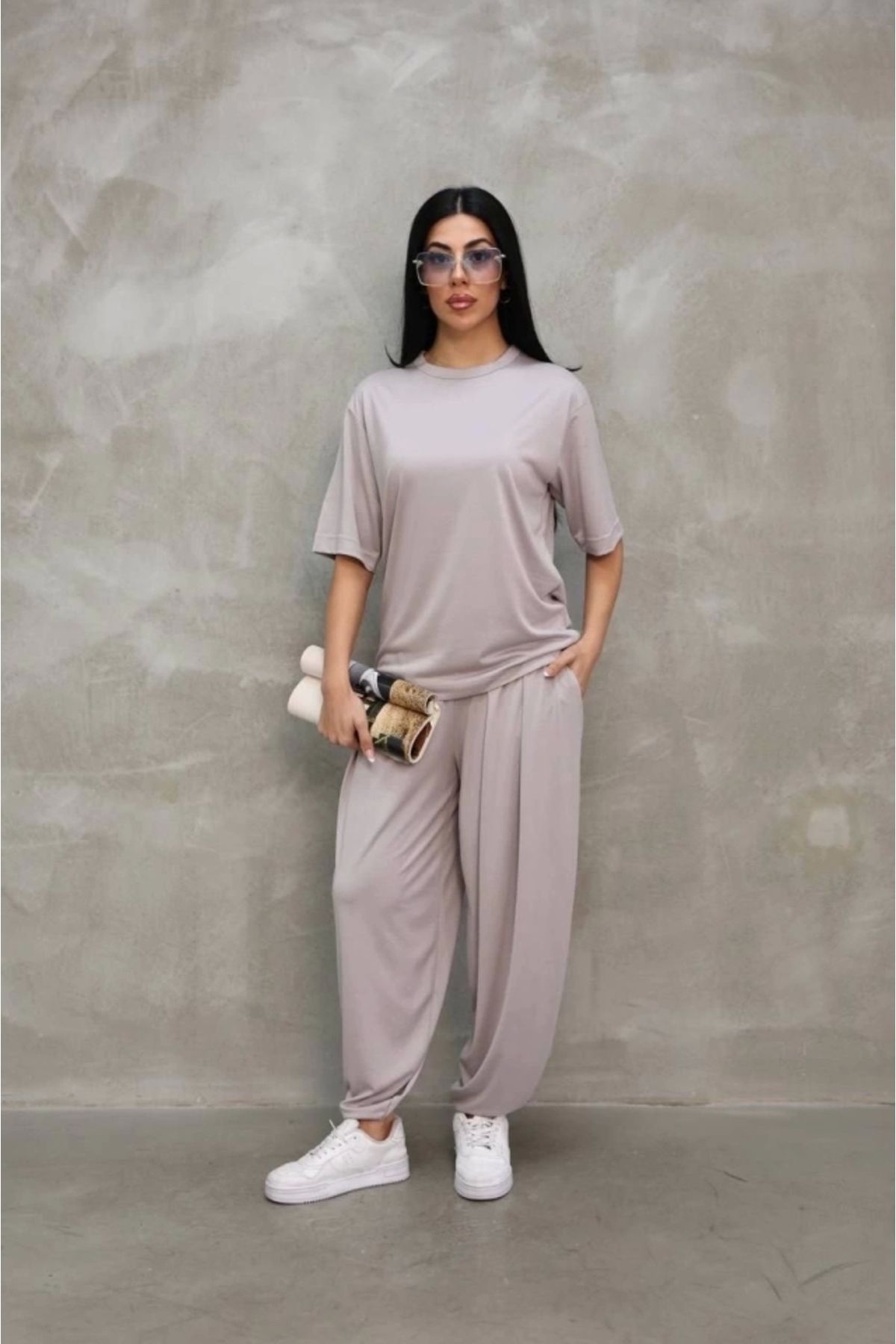nedo7 Osy Modal Yumuşak Dokulu Kumaş Oversize Bisiklet Yaka T-shirt Jogger Eşofman Altı Eşofman Takımı - G