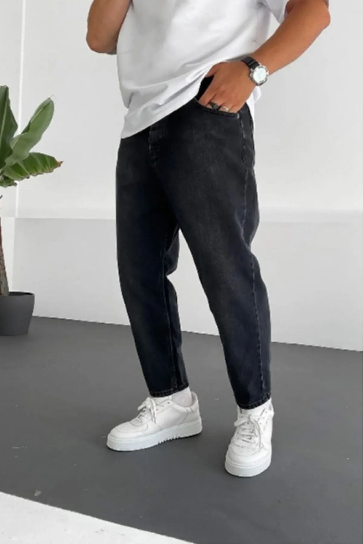G Wear Siyah Taşlamalı Rahat Kalıp Boyfriend Kot Pantalon