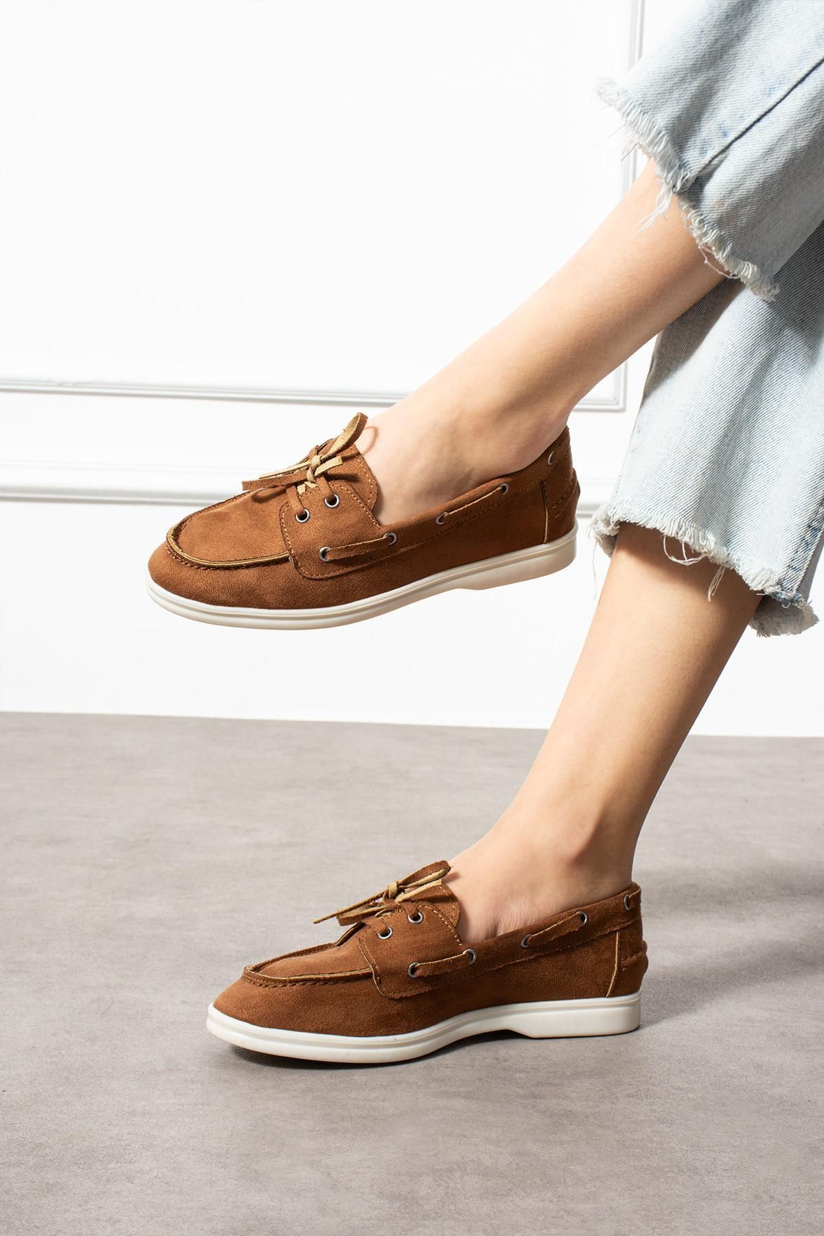 ShoeTek Rinsa Kadın Babet Bağcıklı Makosen Taba Süet