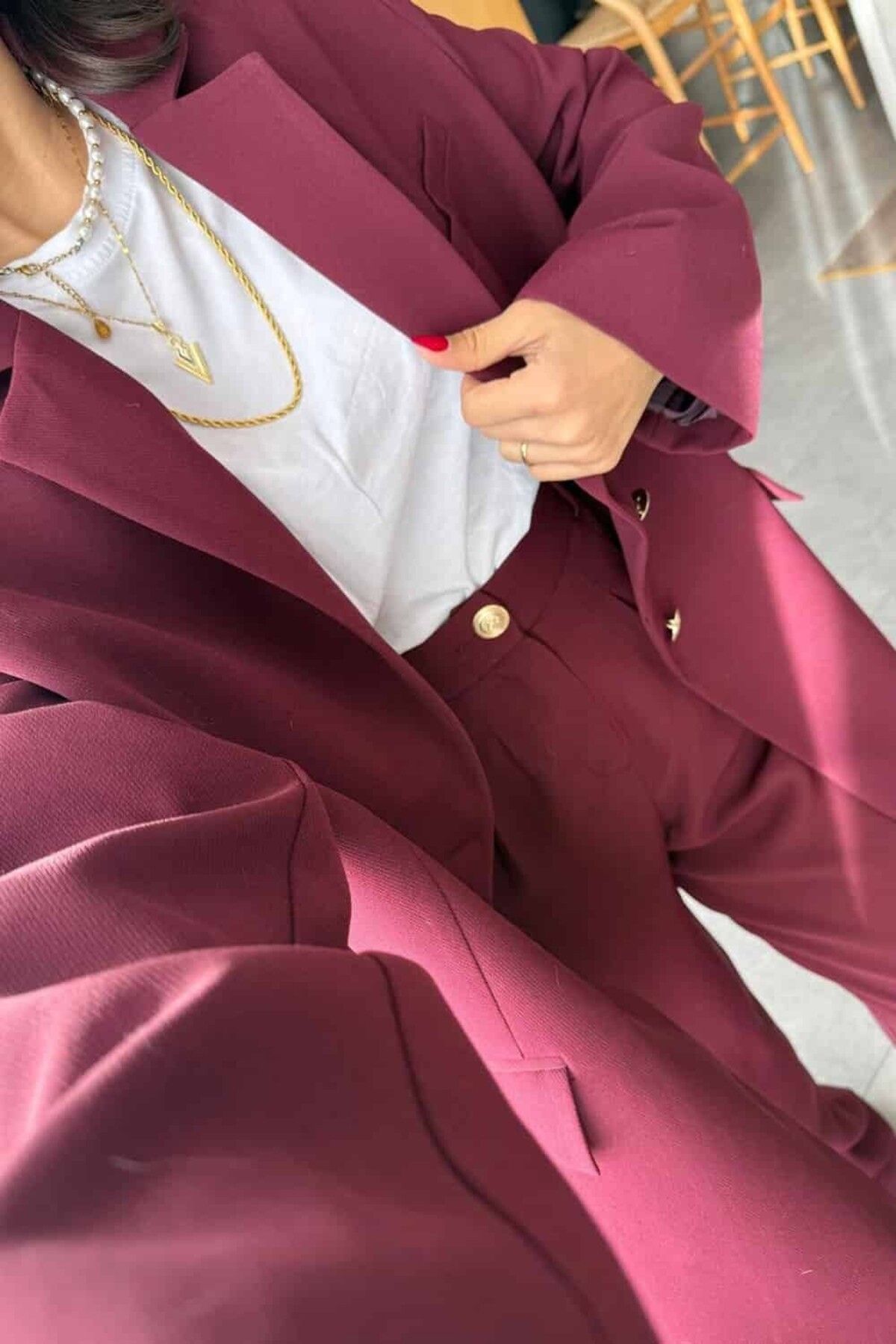 ByBensu Arma Düğme Detaylı Blazer Ceket - Bordo