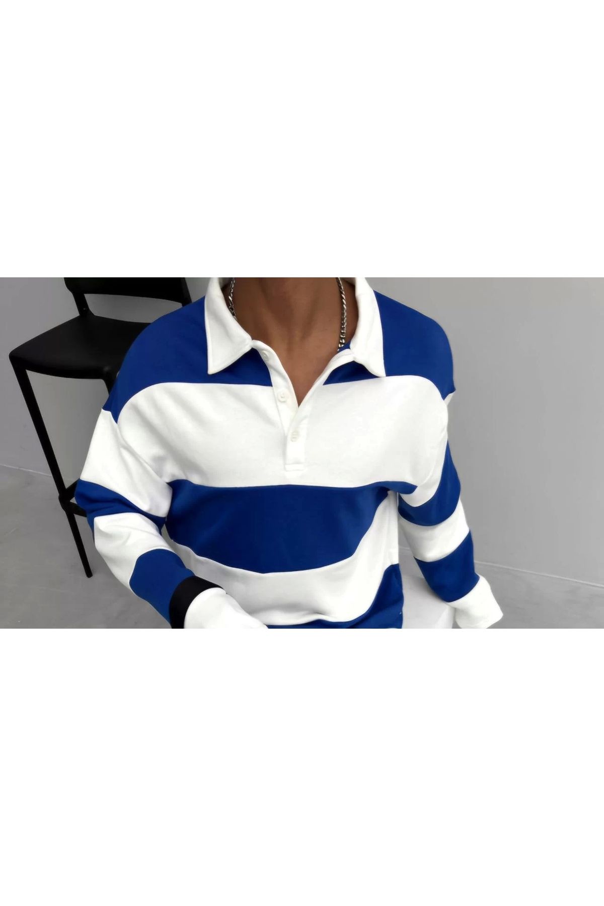 CVS Unisex Üç İplik Parçalı Yakalı SweatShirt - Mavi