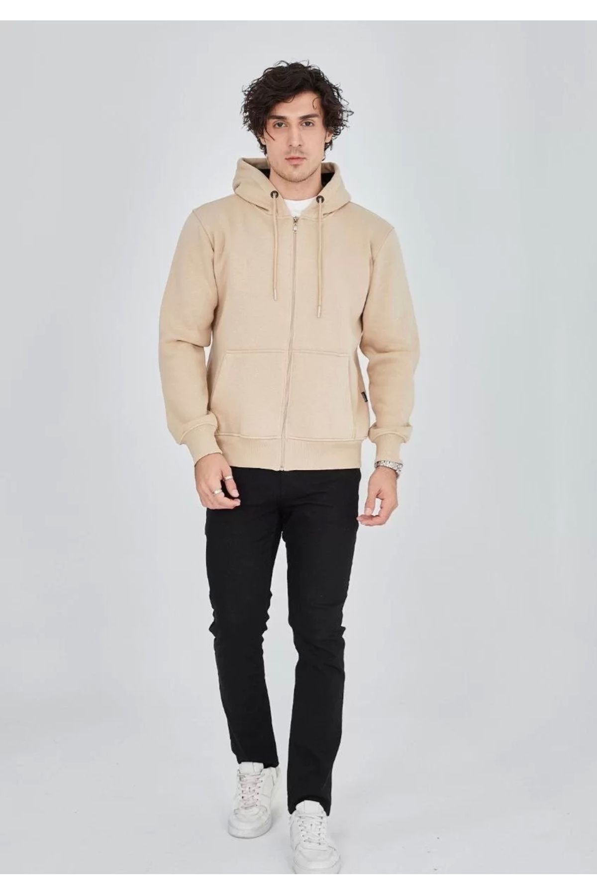 CVS Unisex Tam Fermuarlı Kapşonlu Sweatshirt - Bej