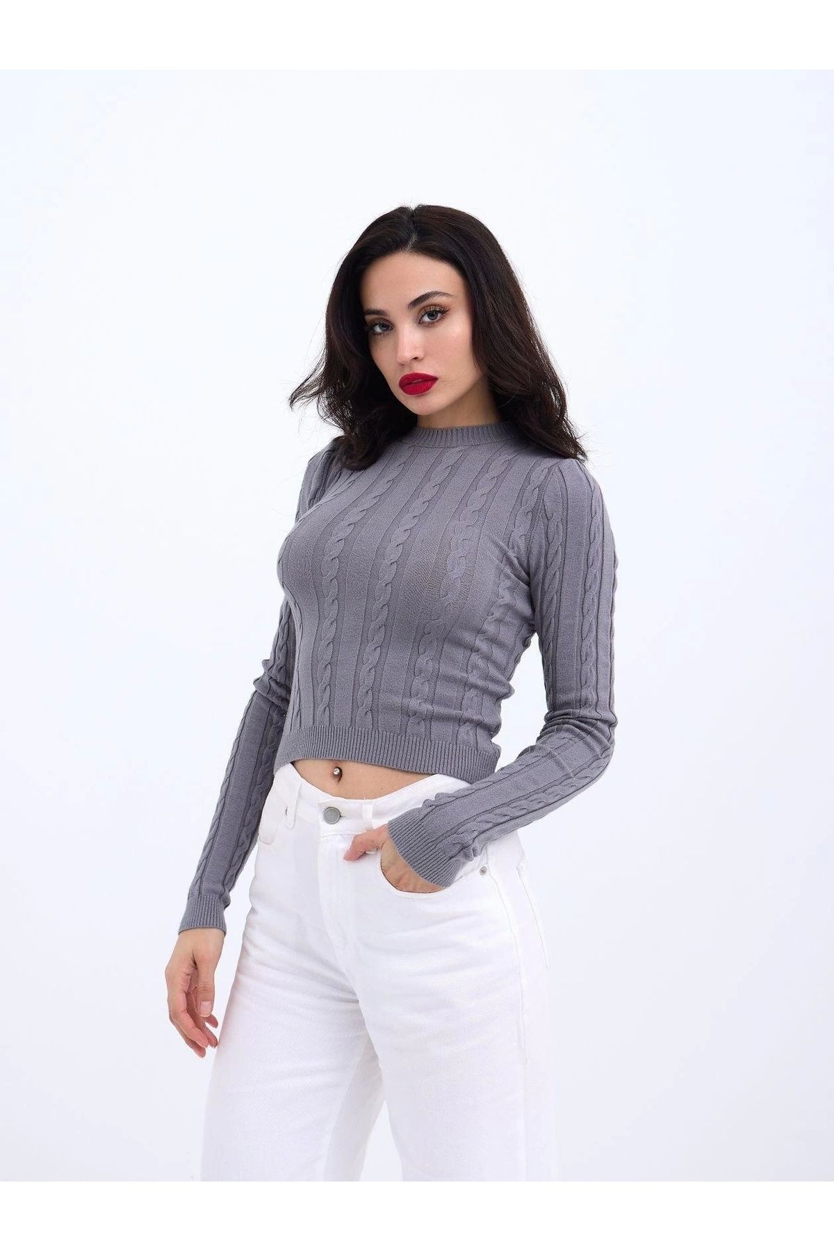 nedo7 42491 TRİKO SAÇ ÖRGÜ CROP KAZAK-GRİ