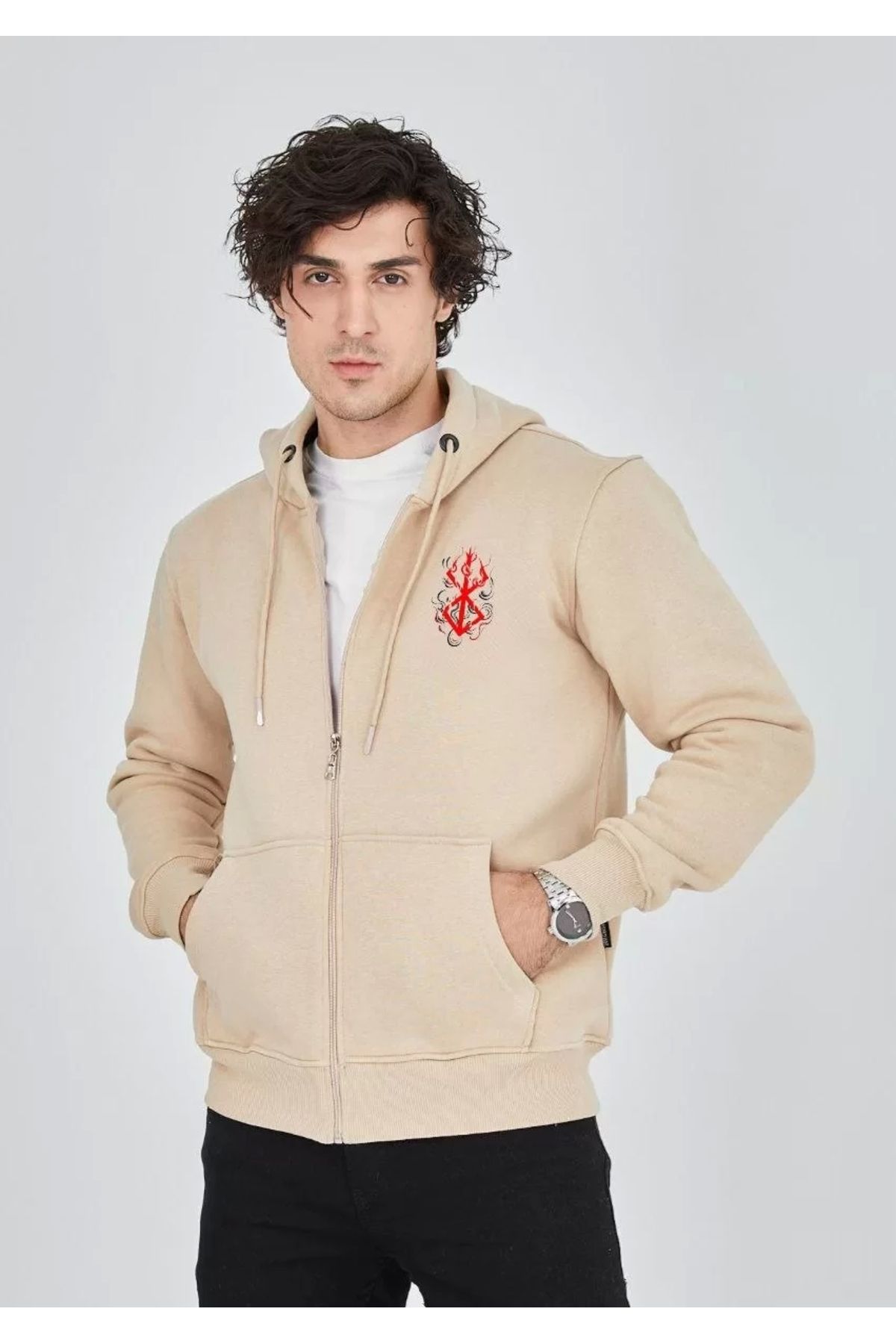 CVS Unisex Baskılı Tam Fermuarlı Kapşonlu SweatShirt - Bej