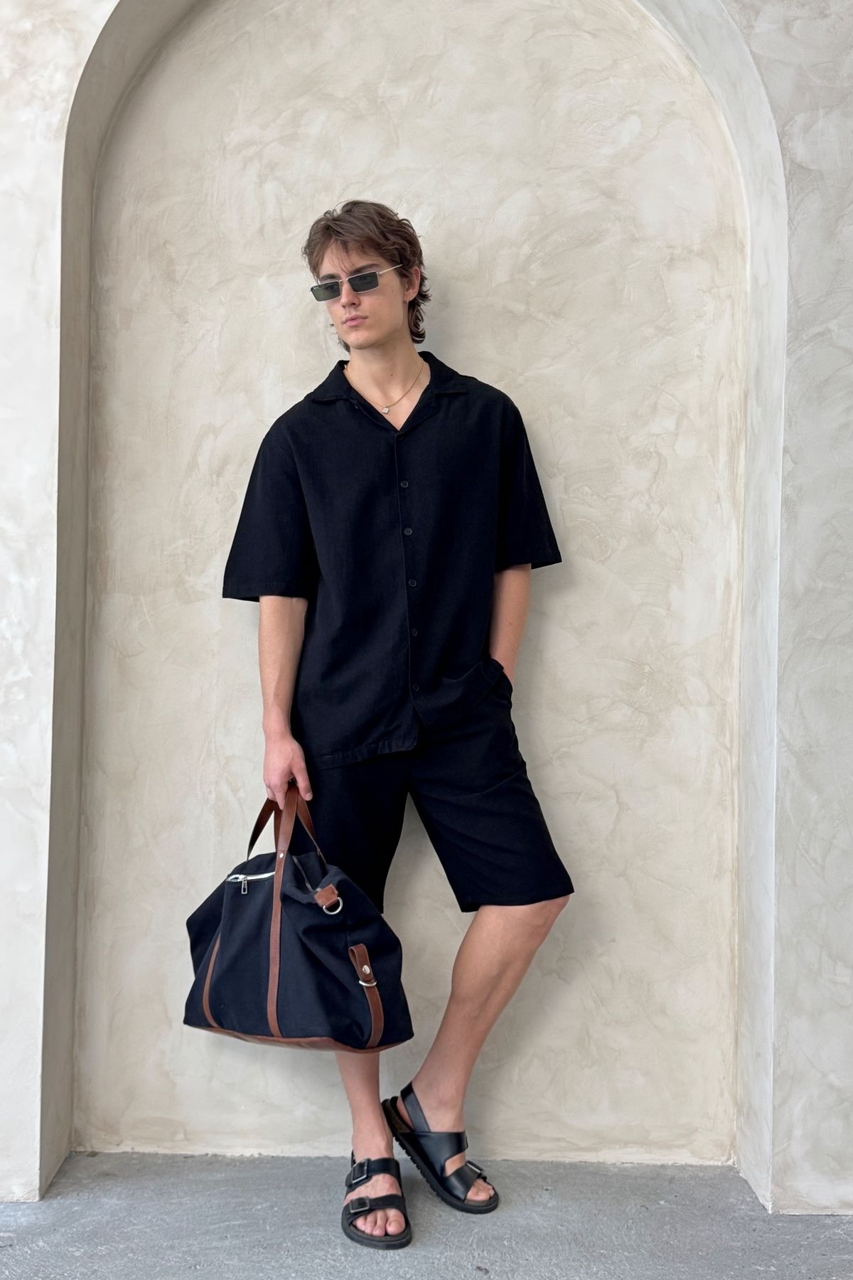 HYMAN-Men's Oversize Linen Shirt Shorts Set 7