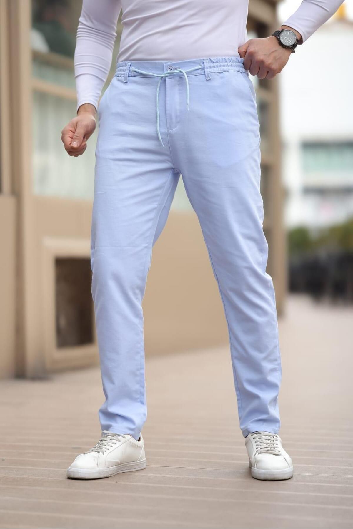 Afri Düğmeli Düz Kumaş Buz Mavisi Jogger Pantolon