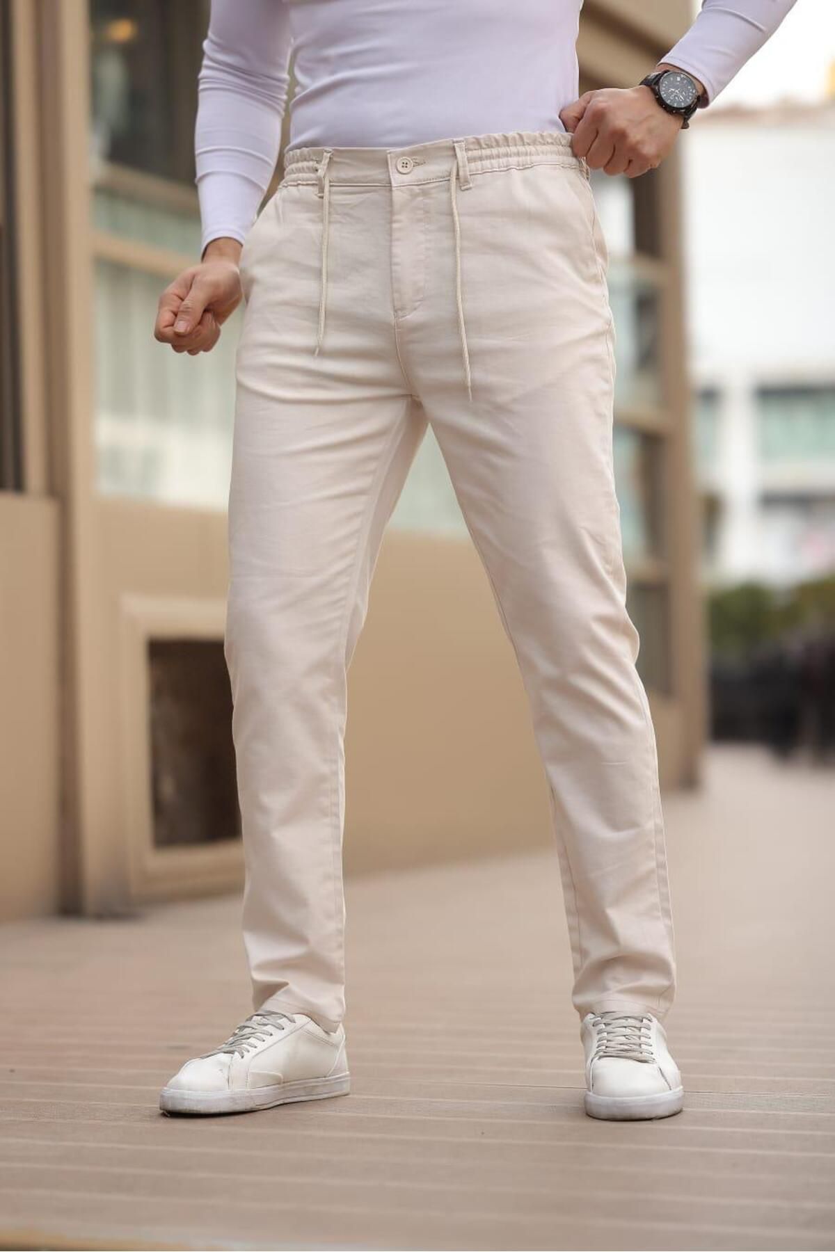 Afri Keten Kumaş Erkek Krem Jogger Pantolon