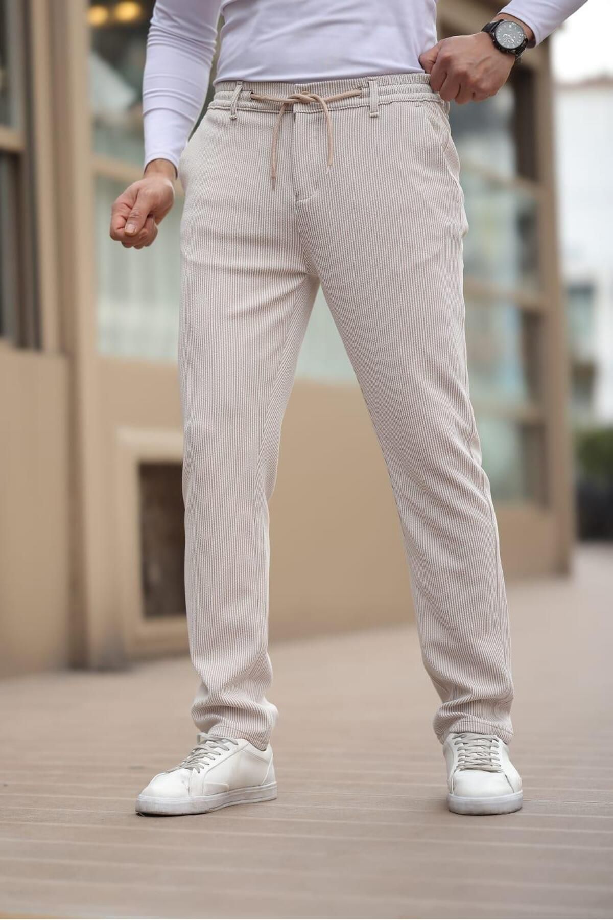 Afri İnce Çizgili Kumaş Bej Jogger Pantolon