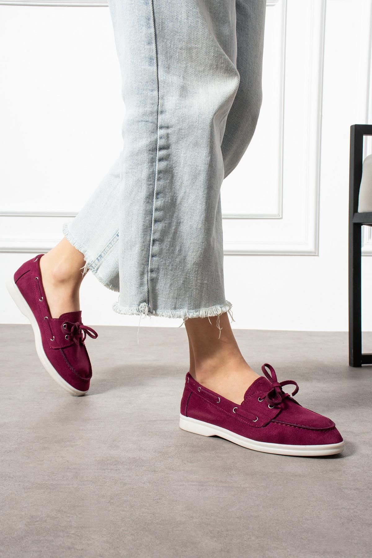 ShoeTek Rinsa Kadın Babet Bağcıklı Makosen Bordo Süet