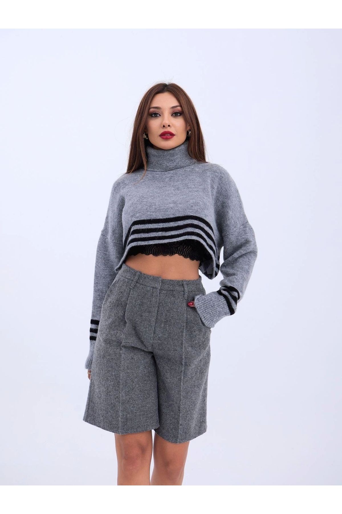 nedo7 43241 TRİKO ÇİZGİLİ BALIKÇI CROP-GRİ-SİYAH