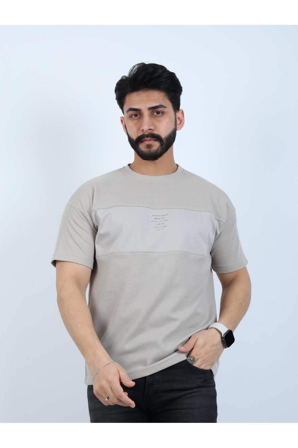 twentyfive25 Erkek Bisiklet Yaka Baskılı Oversize Tişört