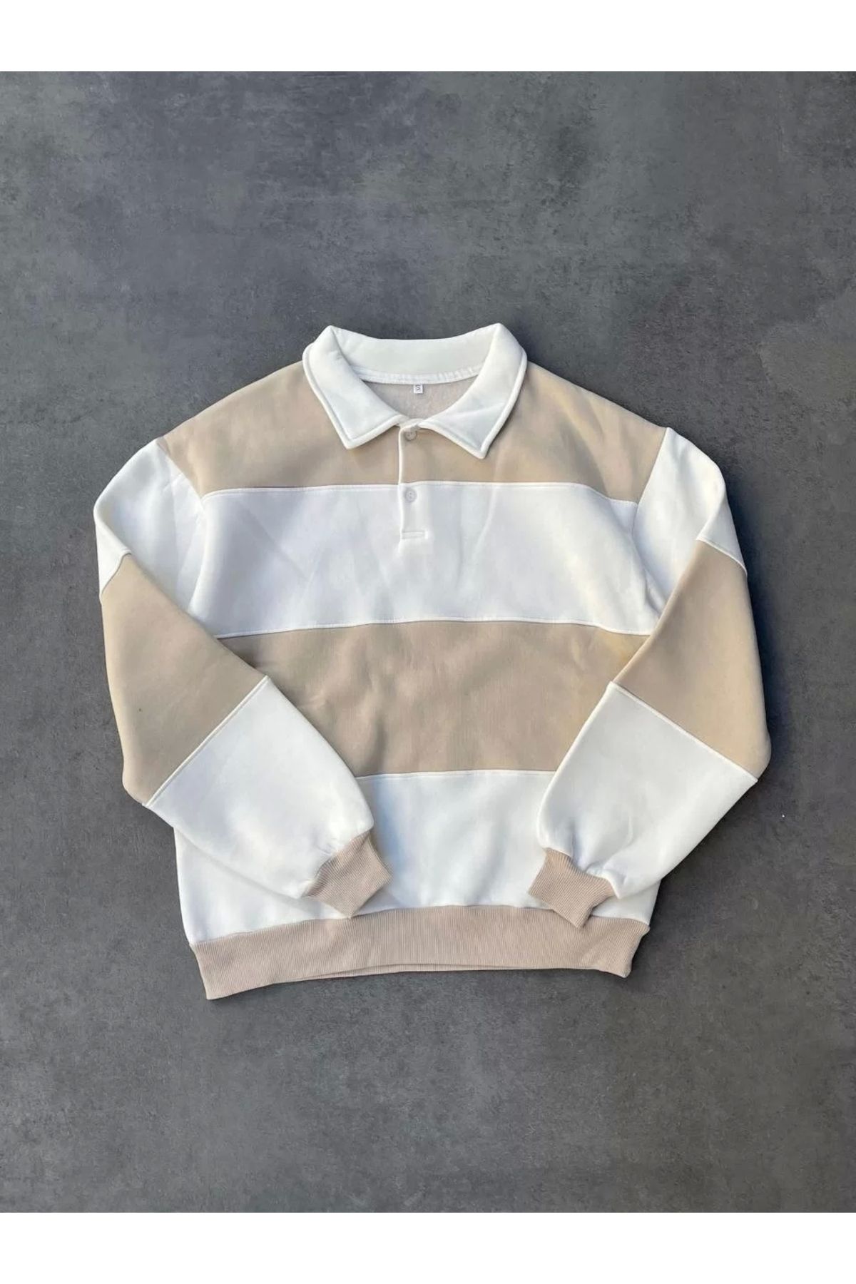 CVS Unisex Üç İplik Parçalı Yakalı SweatShirt - Bej