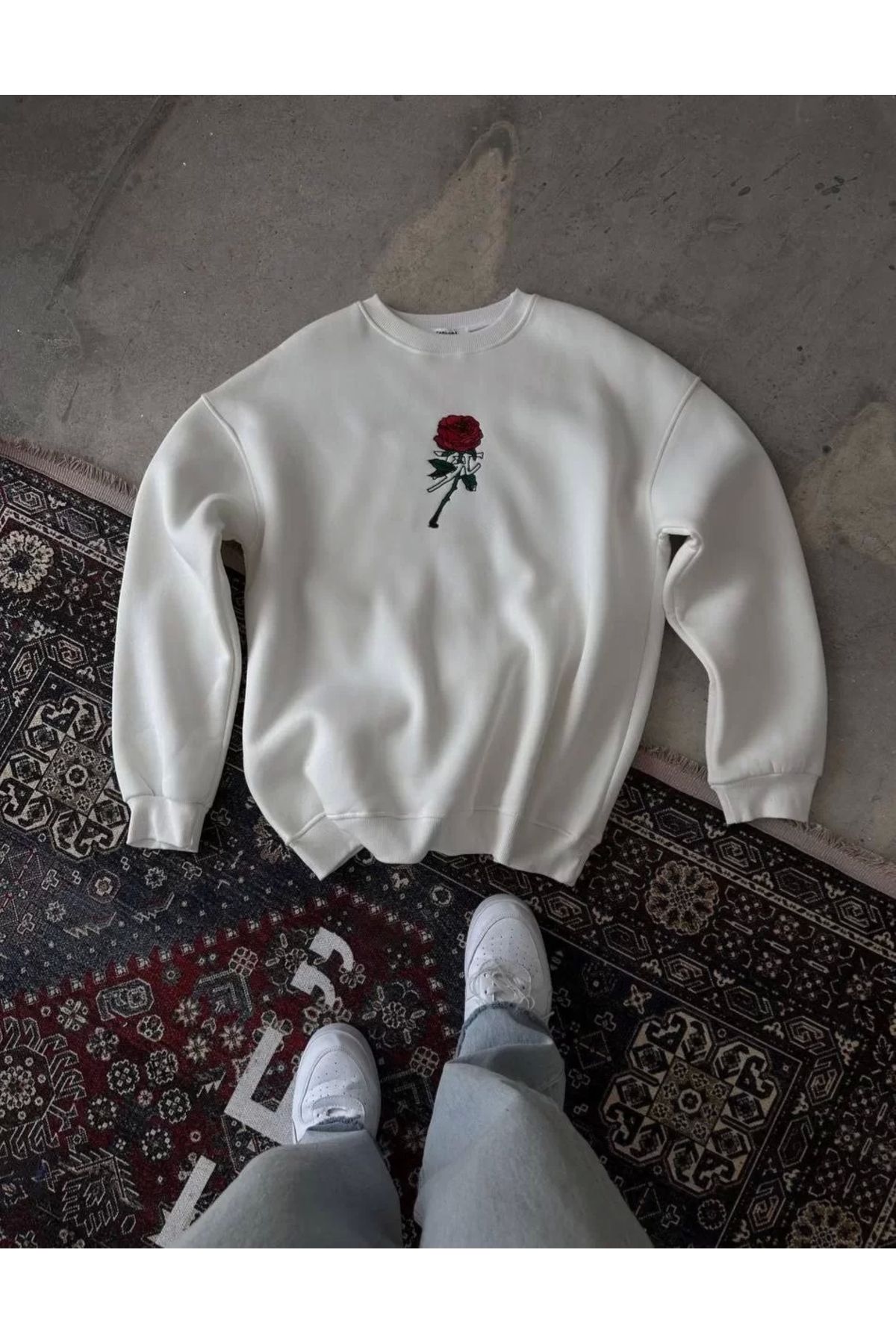 CVS Unisex Bisiklet Yaka Ön Ve Arka Baskılı SweatShirt - Beyaz