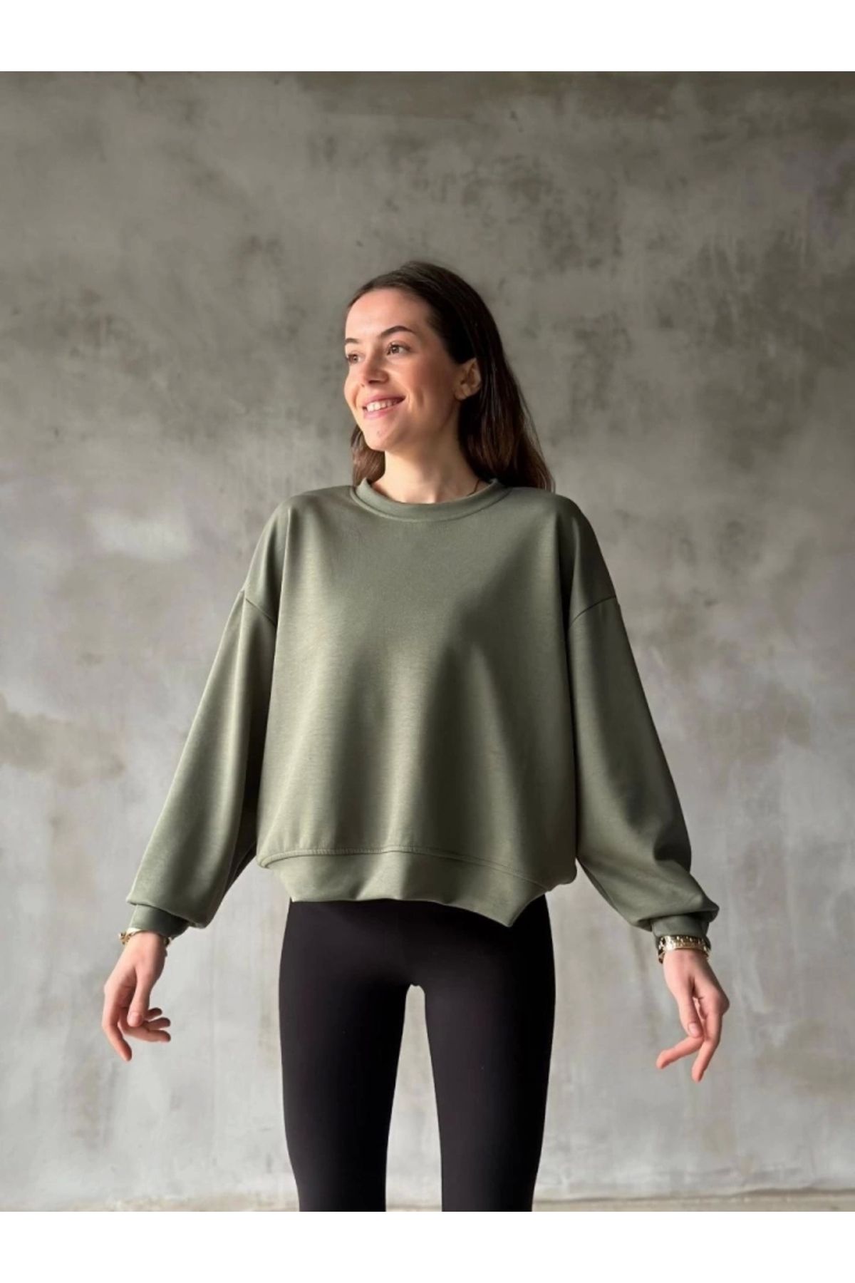 nedo7 Osy Modal Yumuşak Dokulu Kumaş Bisiklet Yaka Oversize Sweatshirt - Haki