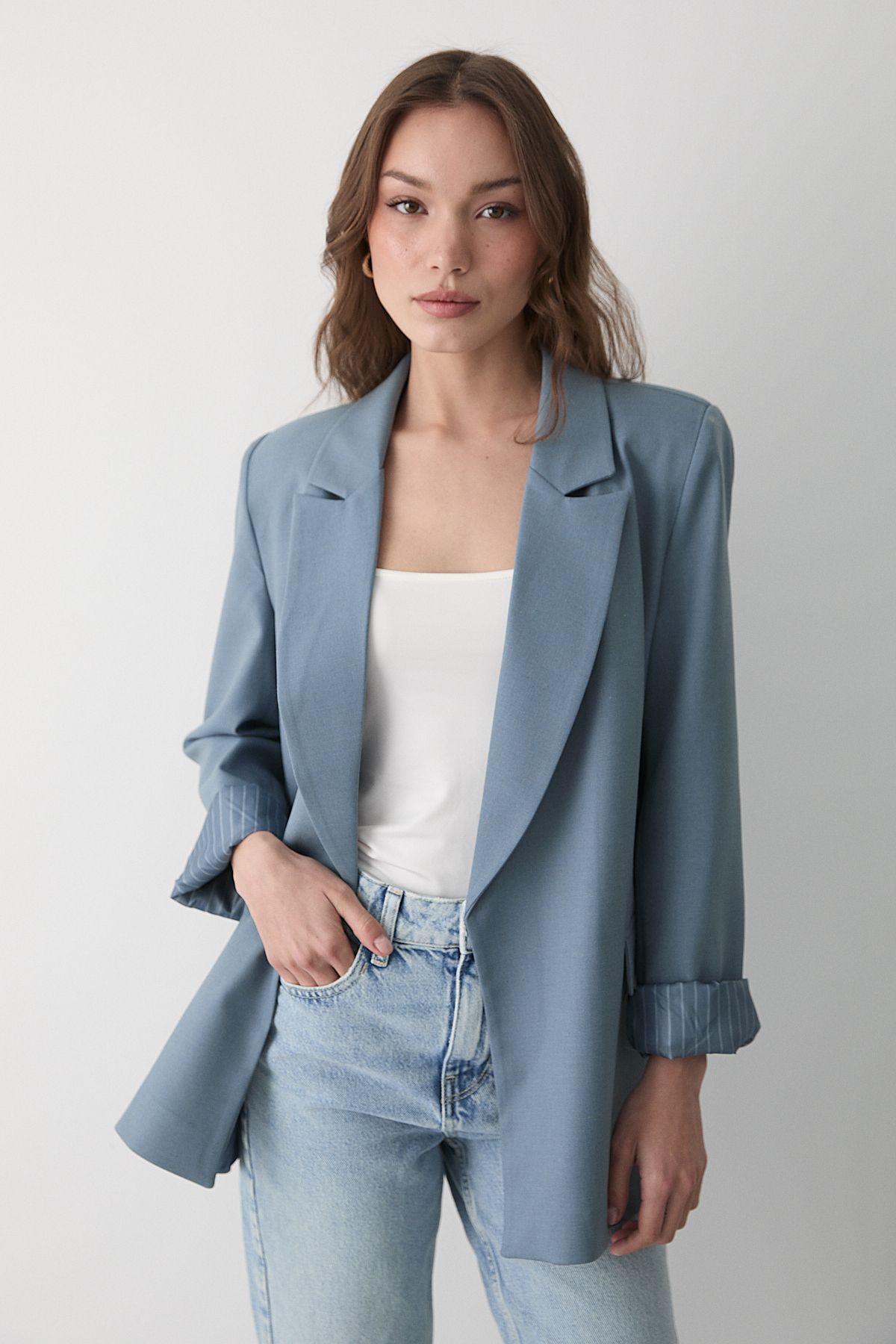 JASTE Kadın Mavi Çizgili Içi Astarlı Kol Detaylı Blazer Ceket