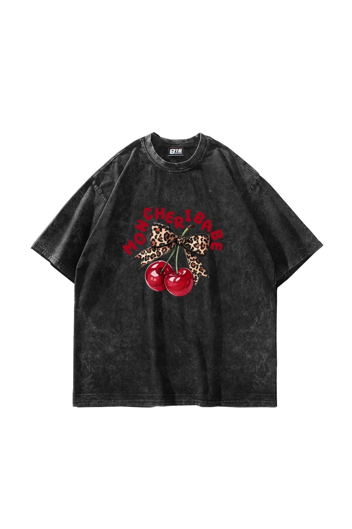 Sekizbiraltı Mon Cherie Baskılı Oversize Unisex Yıkamalı Siyah Tshirt