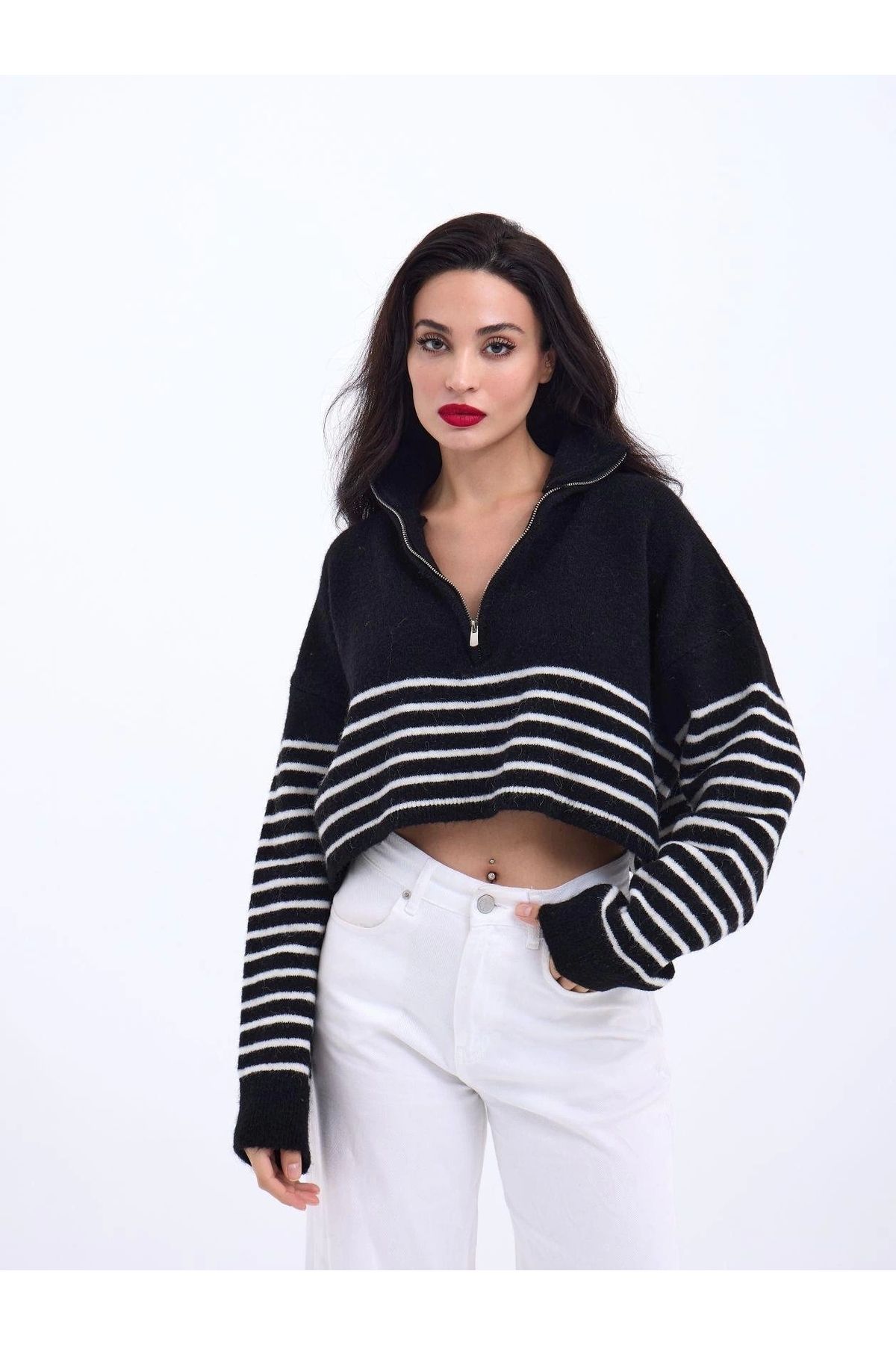 nedo7 43311 TRİKO ÇİZGİLİ FERMUARLI CROP-SİYAH-EKRU