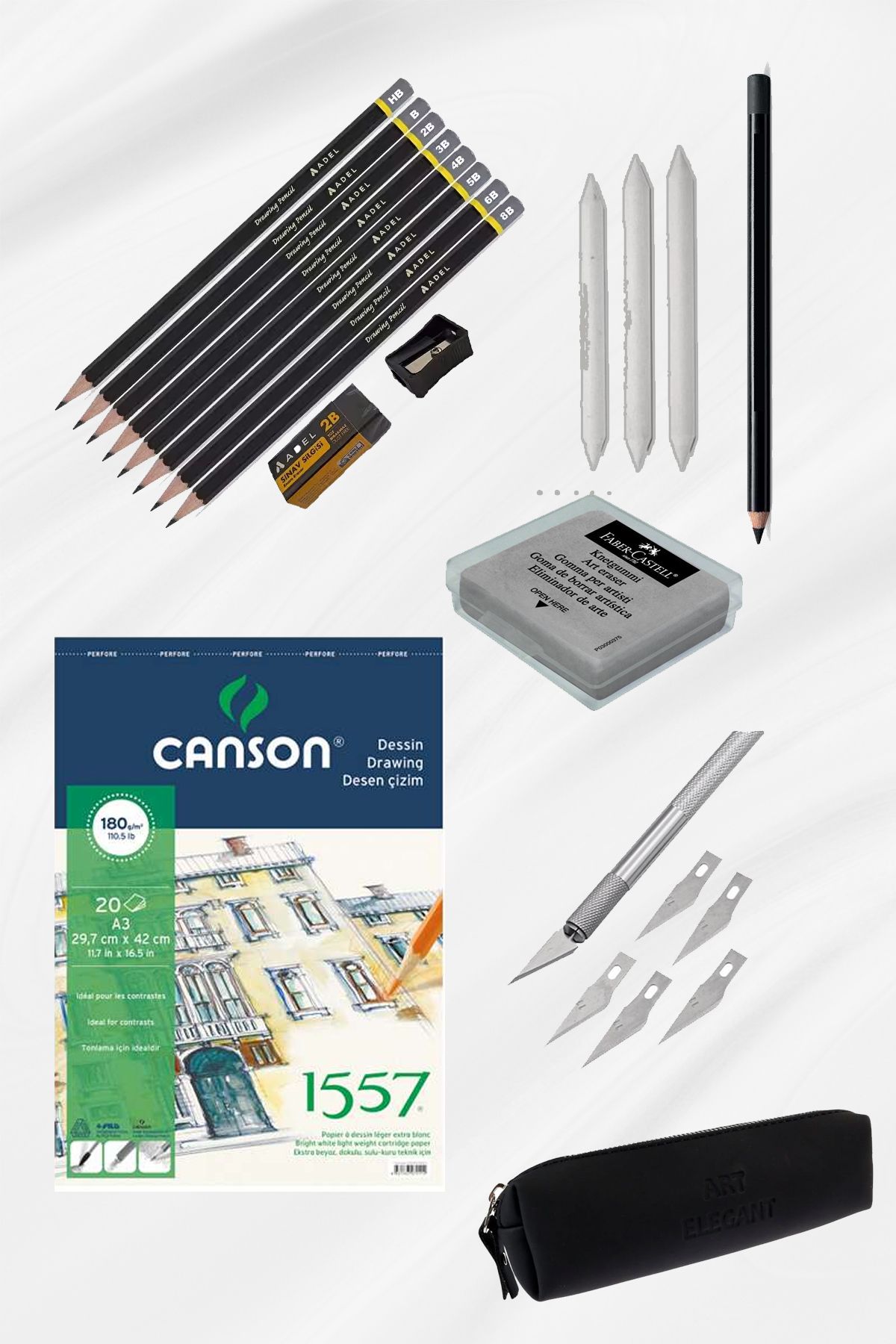 everart Canson 1557 A5 Eskiz Defteri 120g Karakalem Çizim Eskiz Seti Hamur Silgi Kömür Kalem