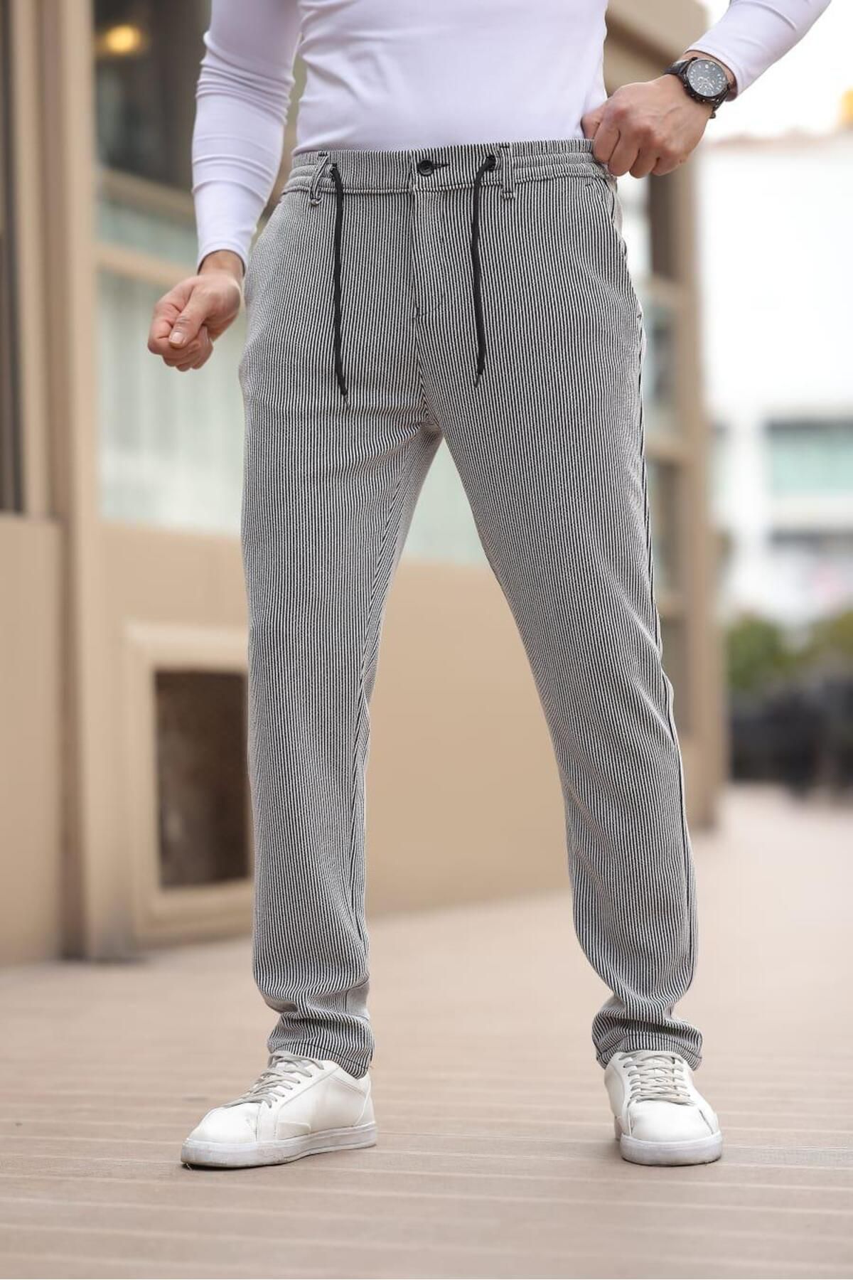 Afri İnce Çizgili Kumaş Gri Jogger Pantolon