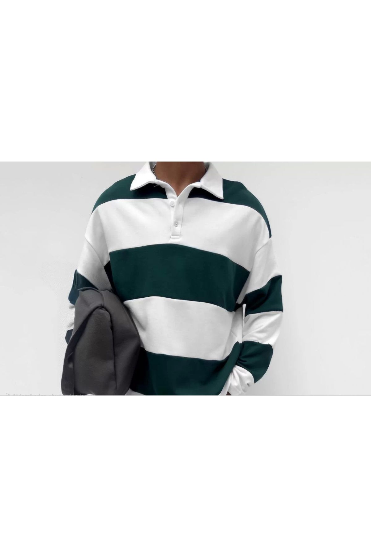 CVS Unisex Üç İplik Parçalı Yakalı SweatShirt - Yeşil