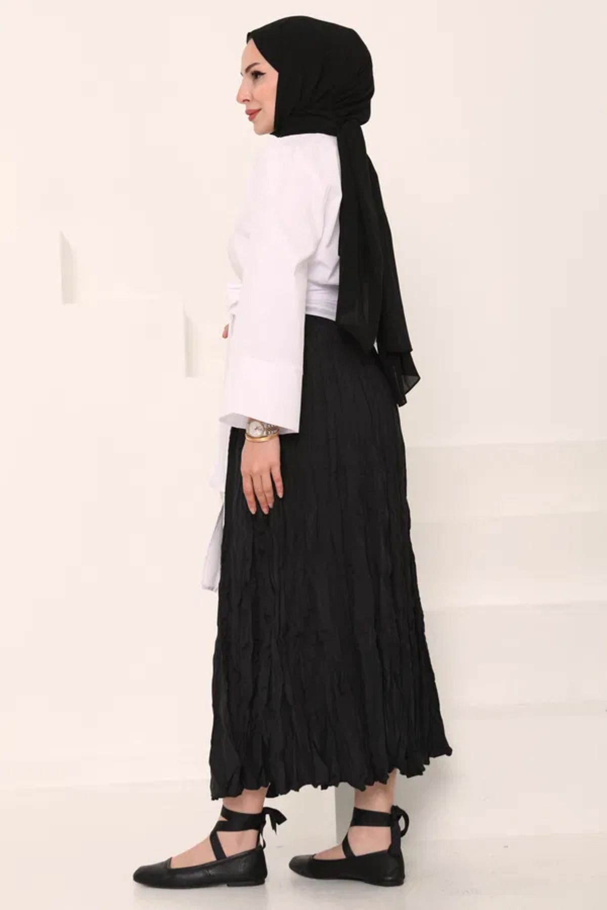 Butik Beli Lastikli Kırışık Etek - 27013