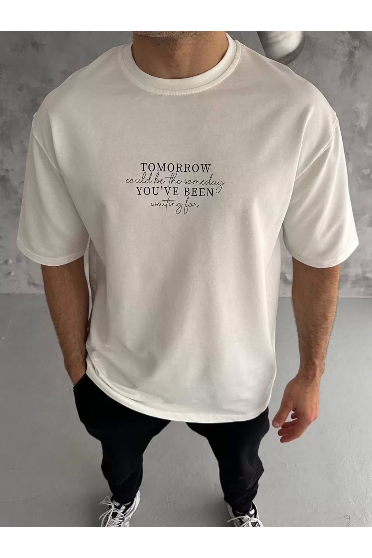 CVS Unisex Bisiklet Yaka Baskılı Oversize T-Shirt - Beyaz