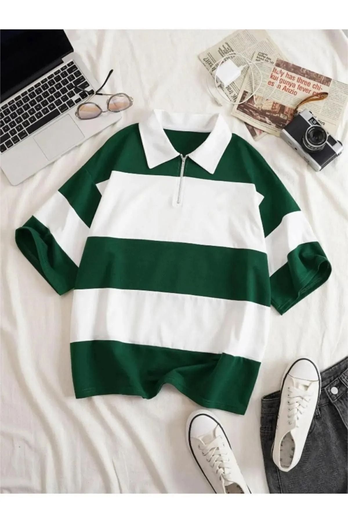 warn Unisex Polo Yaka Fermuarlı Parçalı Polo Tişört-Siyah Beyaz Oversize Polo Tişört