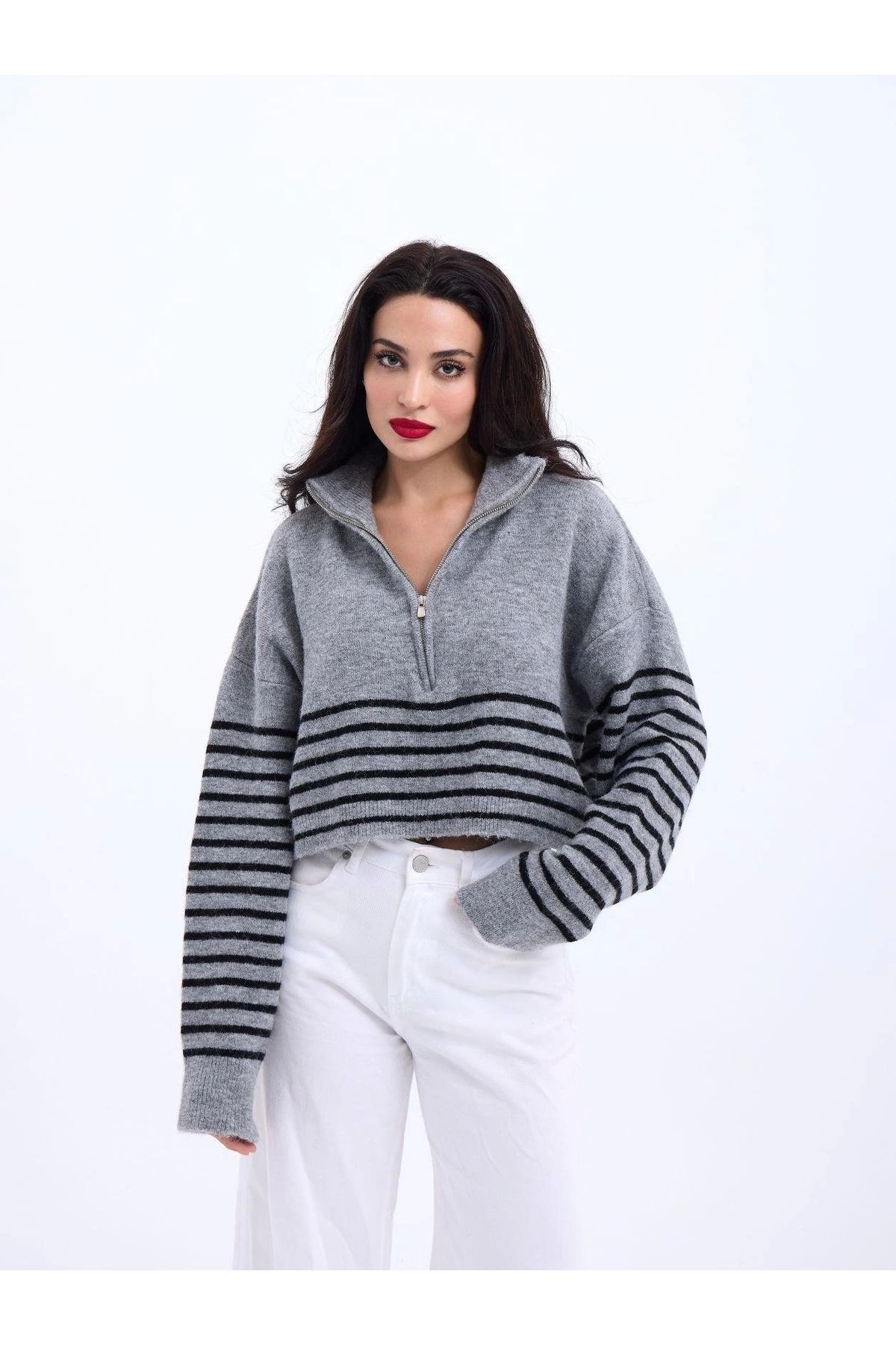 nedo7 43311 TRİKO ÇİZGİLİ FERMUARLI CROP-GRİ-SİYAH
